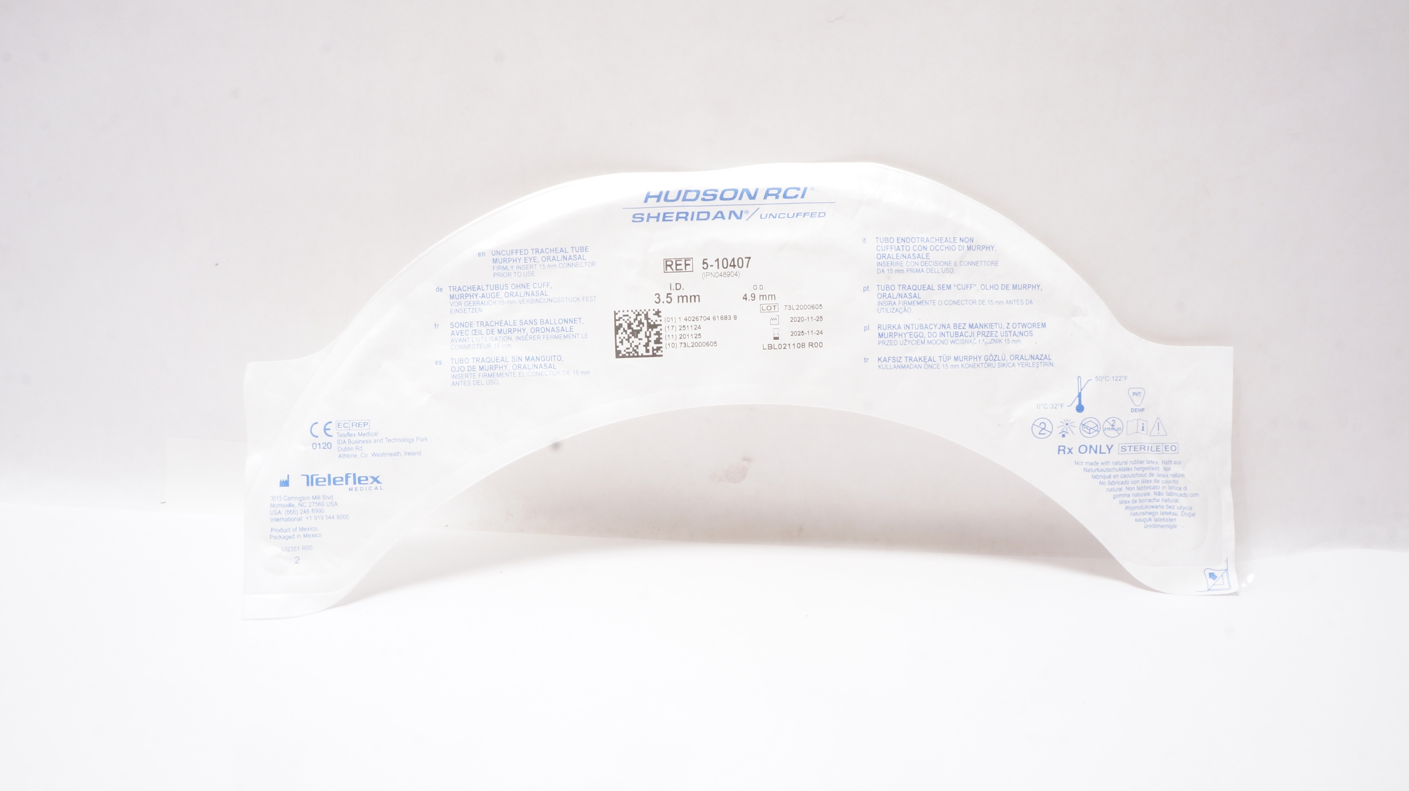Teleflex 5-10407 Hudson RCI Sheridan Tracheal Tube Uncuffed 3.5mm ID x 4.9mm OD