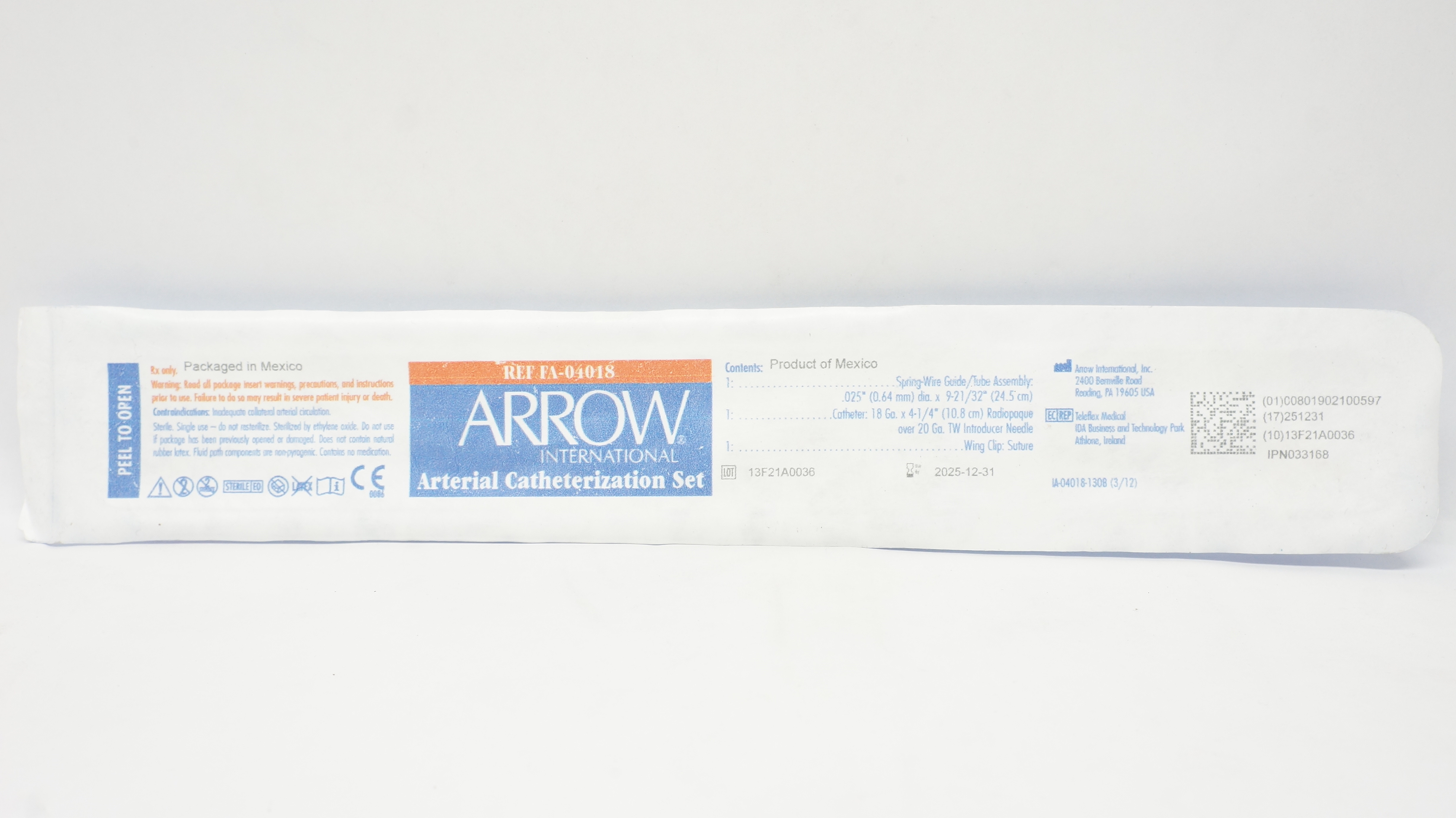 Arrow FA-04018 Arterial Catheterization Set .025inch x 9-21/32inch