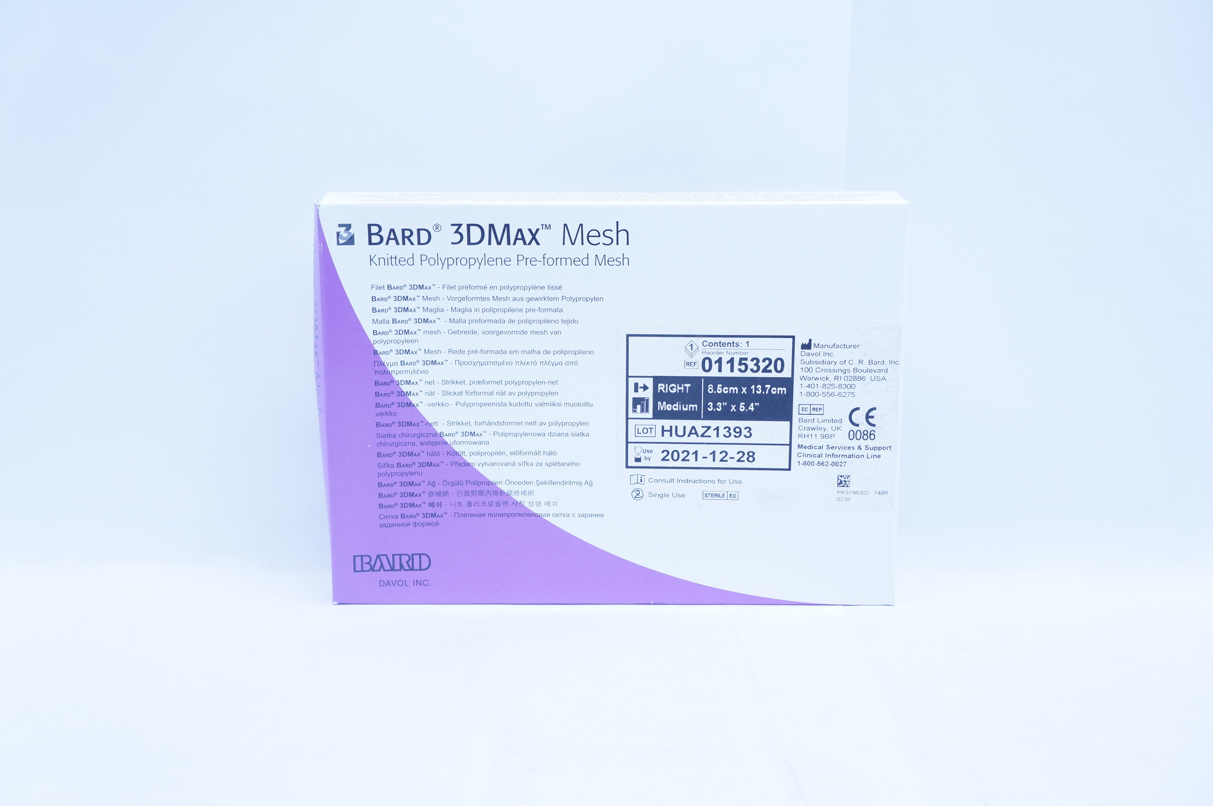 Bard 0115320 Davol 3DMax Mesh Medium,Right 3.3inch x 5.4 inch