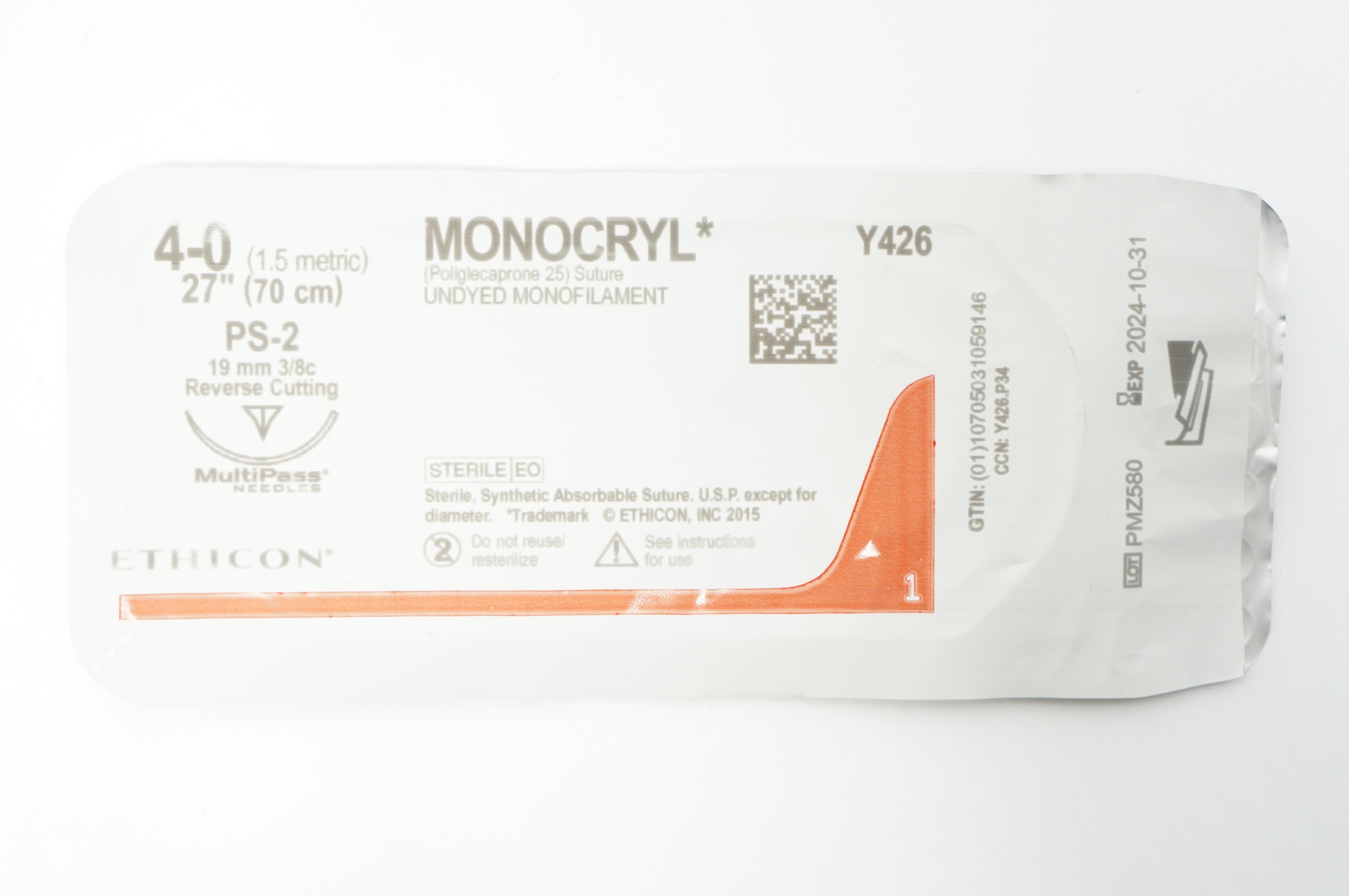 Ethicon Y426 4-0 MONOCRYL Undyed Stre S-2 19mm 3/8c Reverse Cutting, 27inch (x)