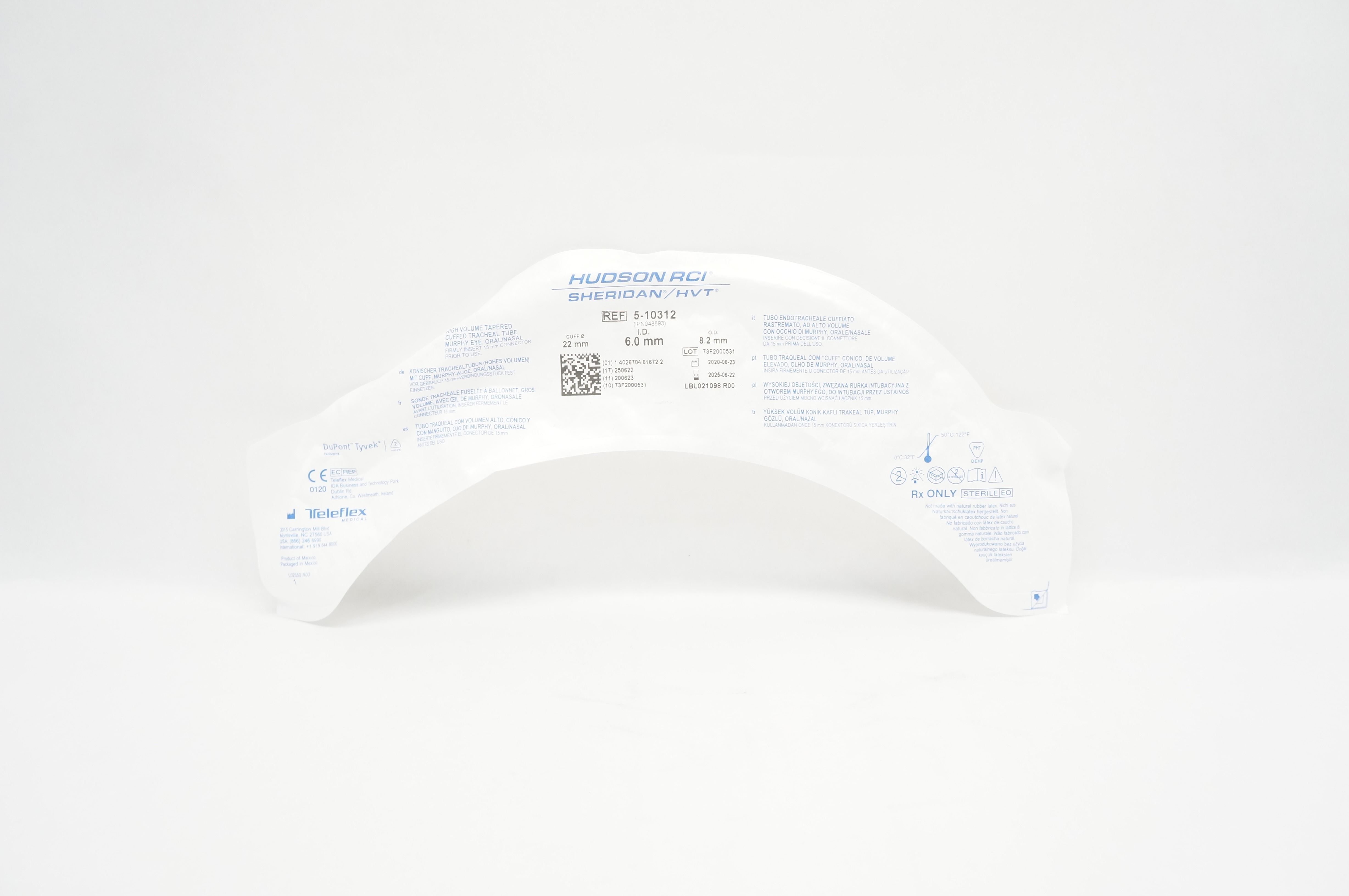Teleflex 5-10312 Hudson RCI Sheridan HVT Cuffed Tracheal Tube 6.0 x 8.2 x 22mm