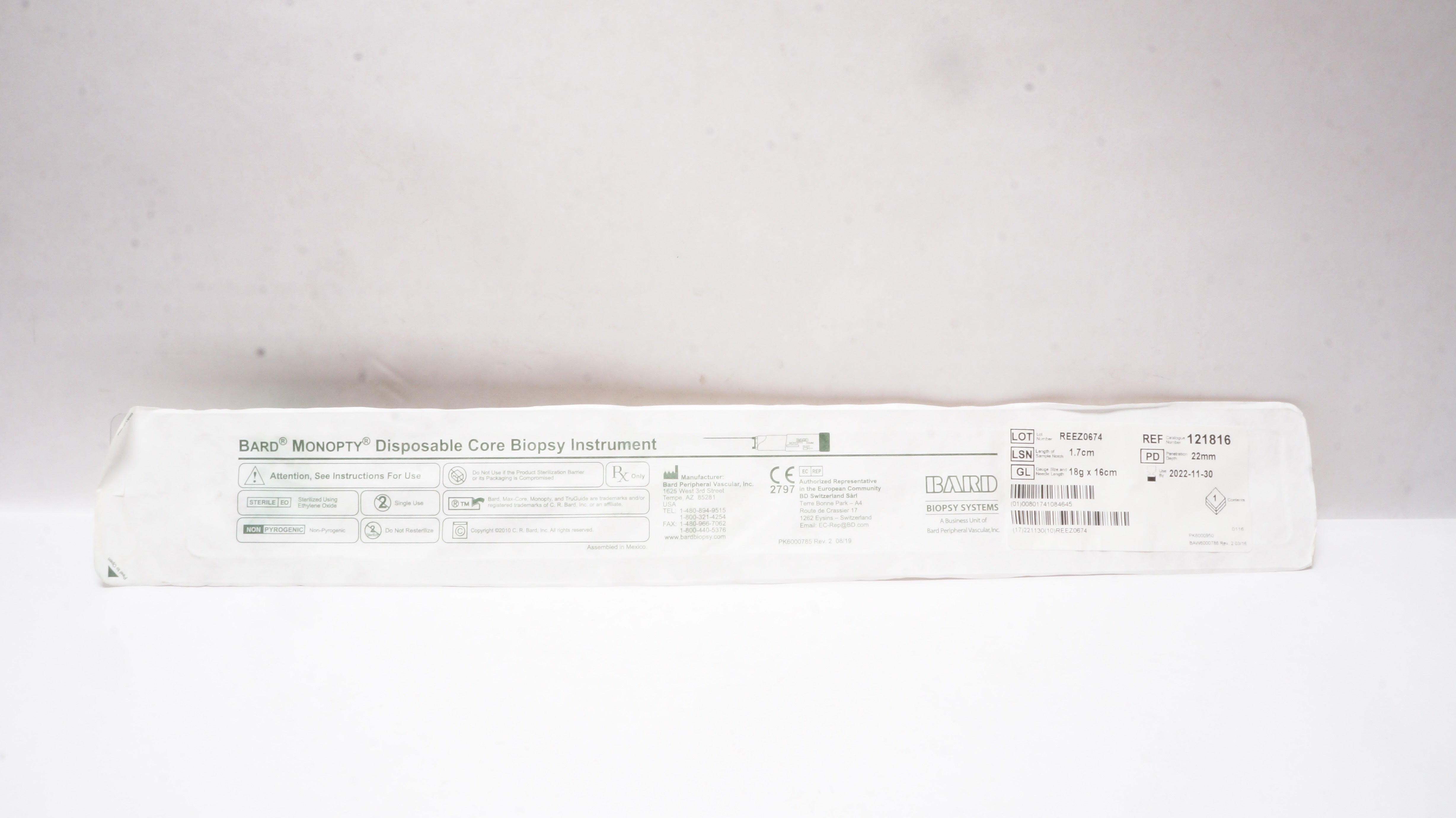 Bard 121816 Disposable Core Biopsy Instrument 18g x 16cm (x)