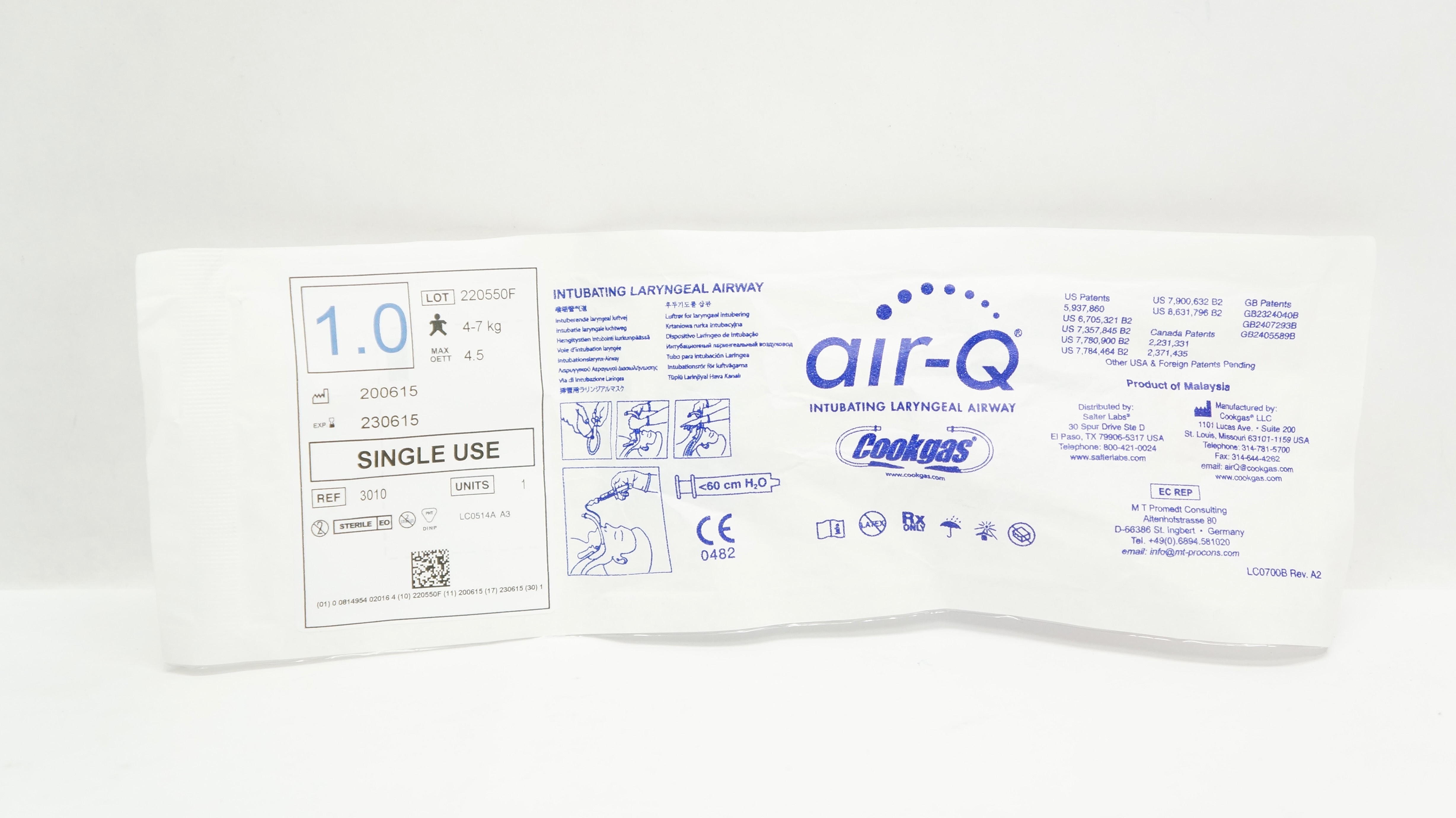 Cookgas 3010 Air-Q Intubating Laryngeal Airway Size 1.0, 4-7kg <60cm H2O (x)
