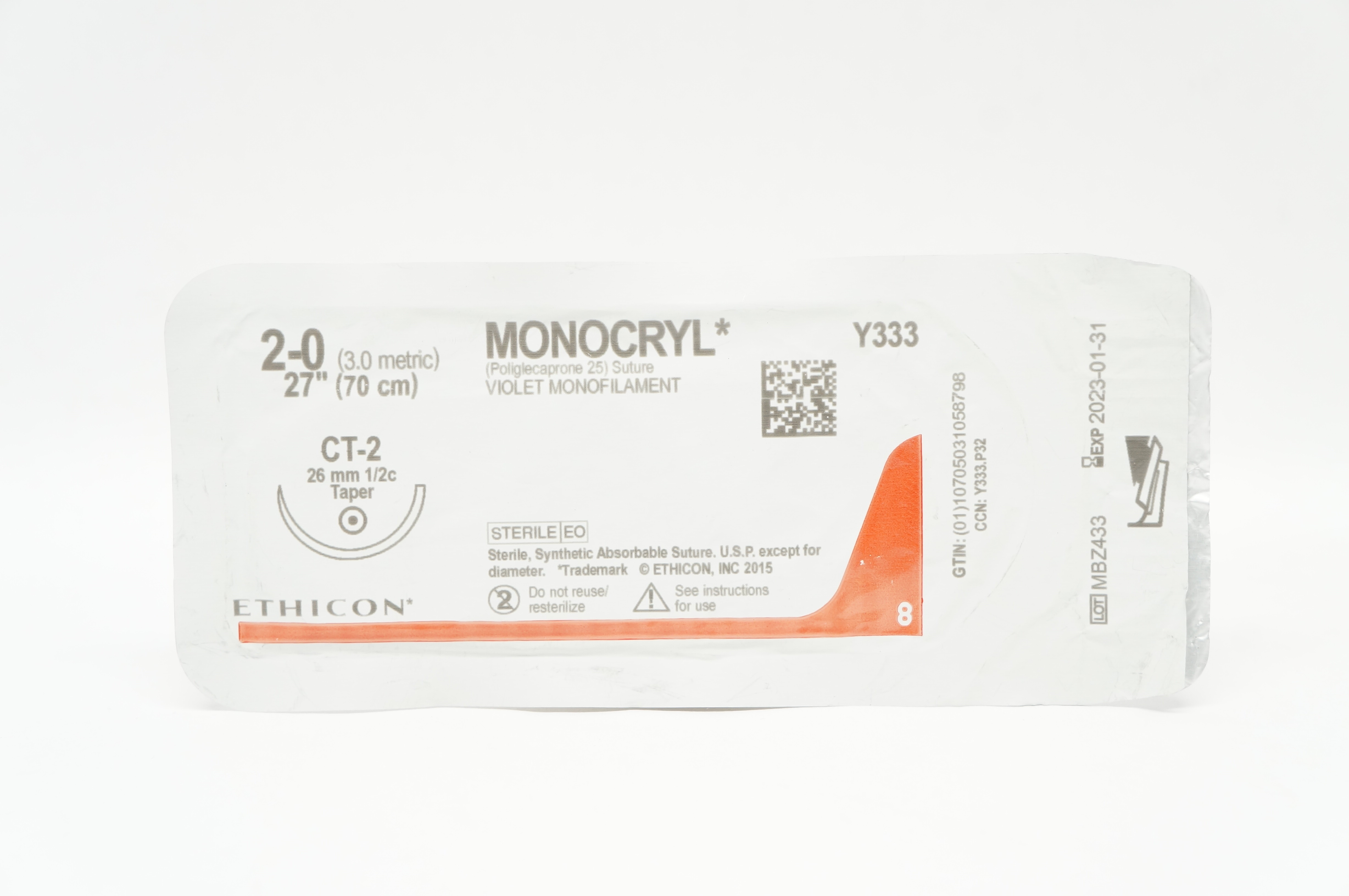Ethicon Y333 2-0 27in. MONOCRYL, CT-2 26mm Violet Monofilament Suture