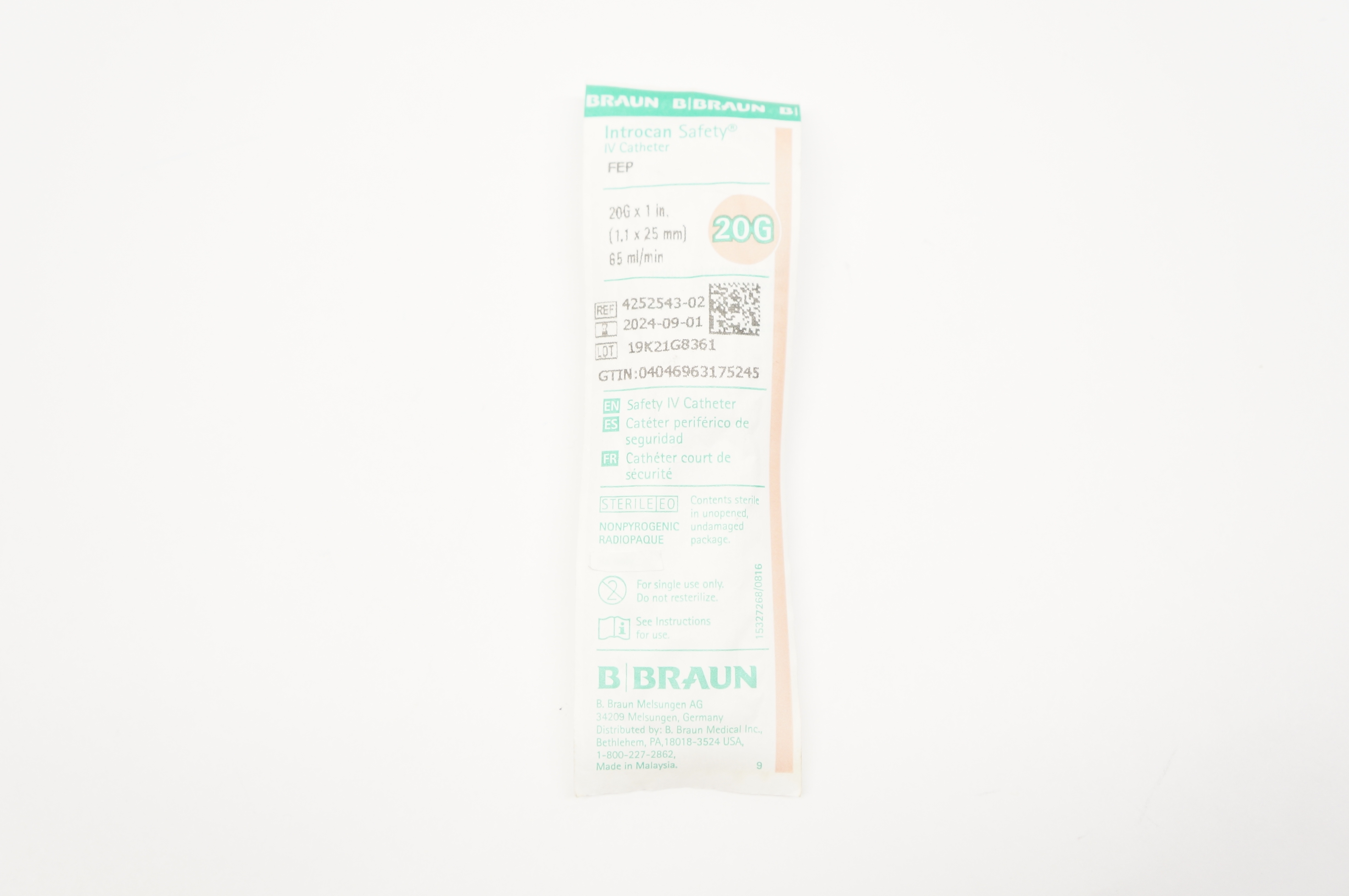 Braun 4252543-02 Introcan Safety IV Cath. 20G x1 inch 65ml/min