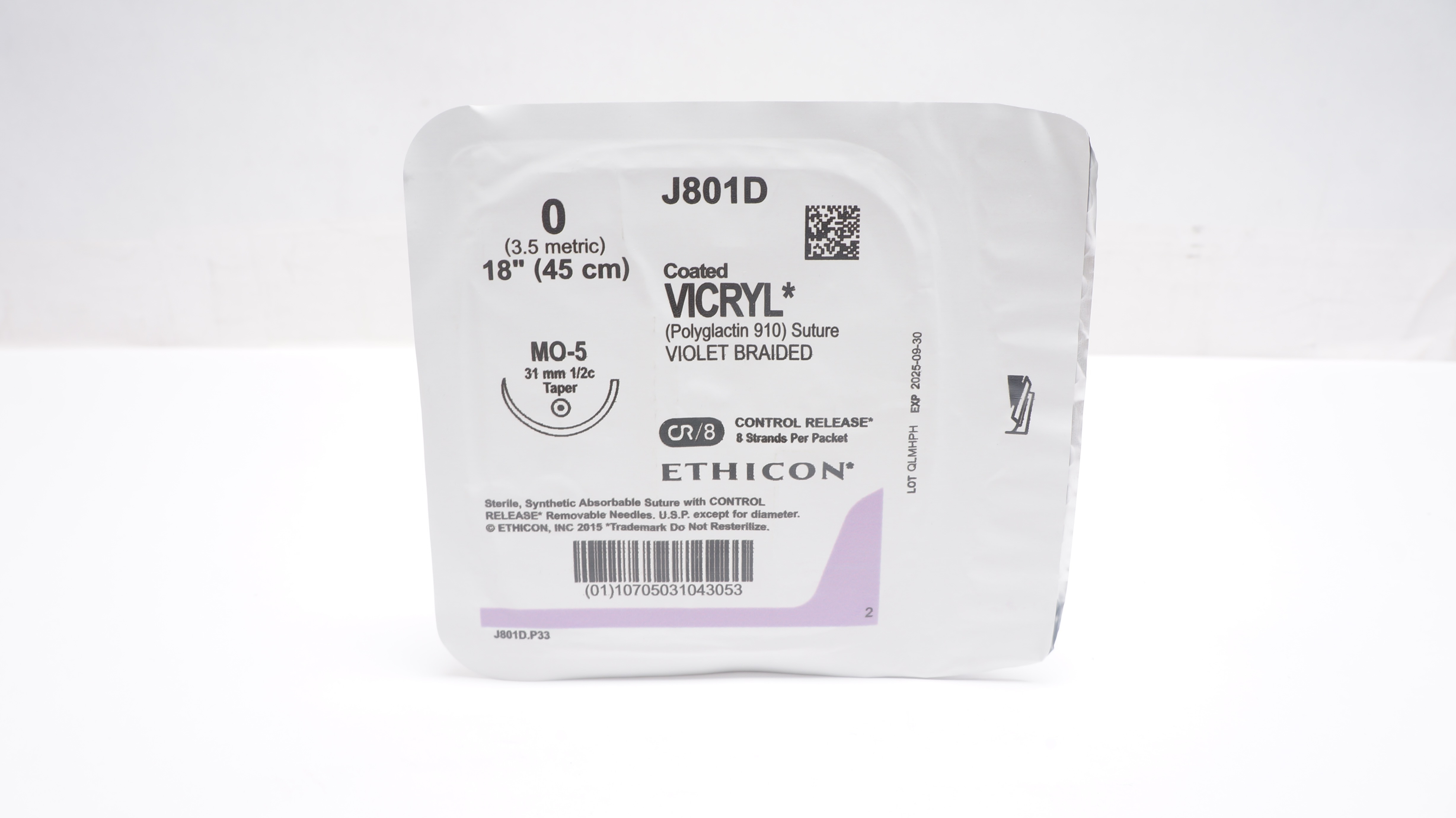 Ethicon J801D 0 Coated VICRYL Polyglactin Stre MO-5 31mm 1/2c Taper 18inch