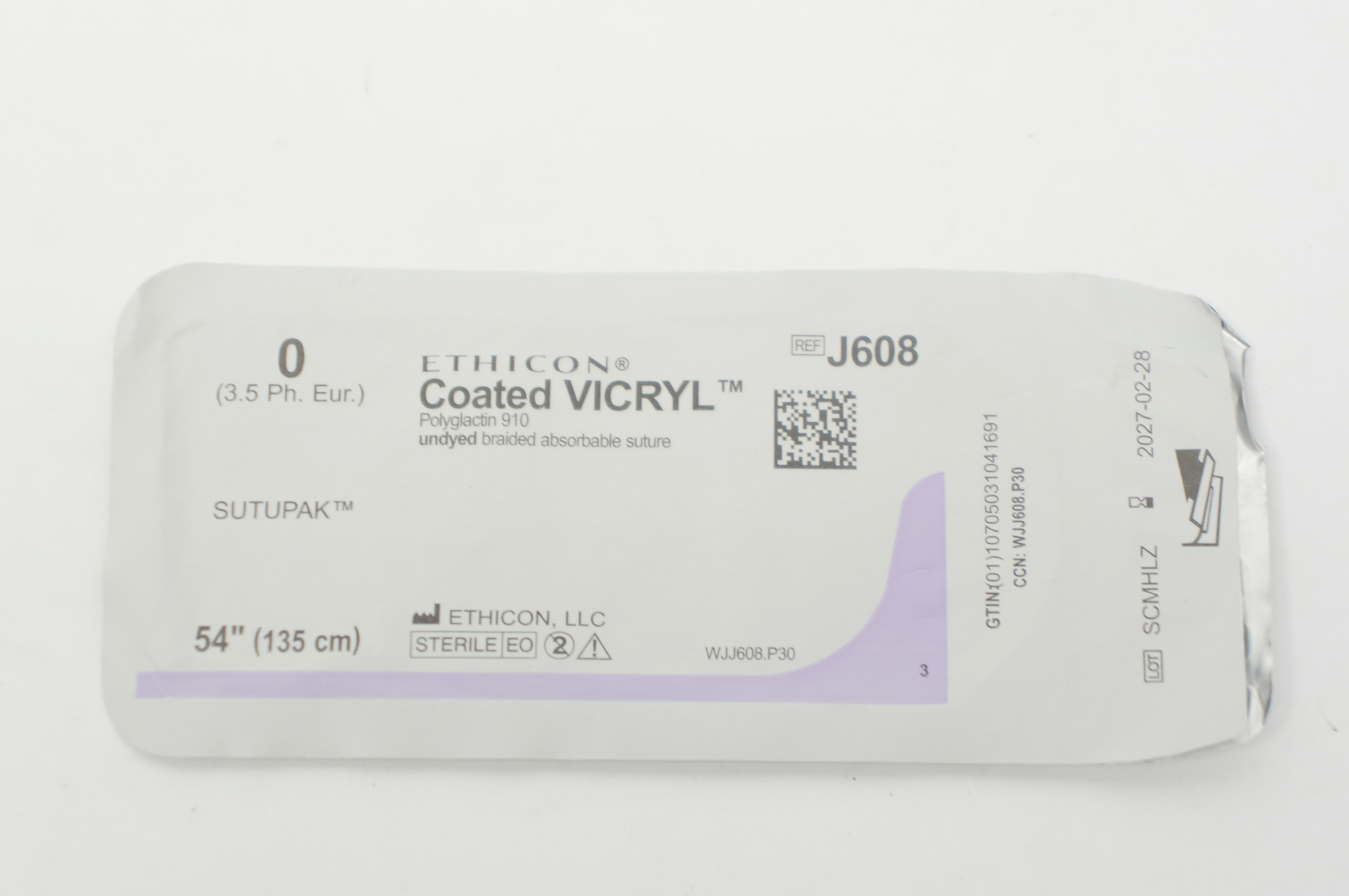 Ethicon J608 0 Coated VICRYL SUTUPAK, Undyed Braided Stre, 54inch