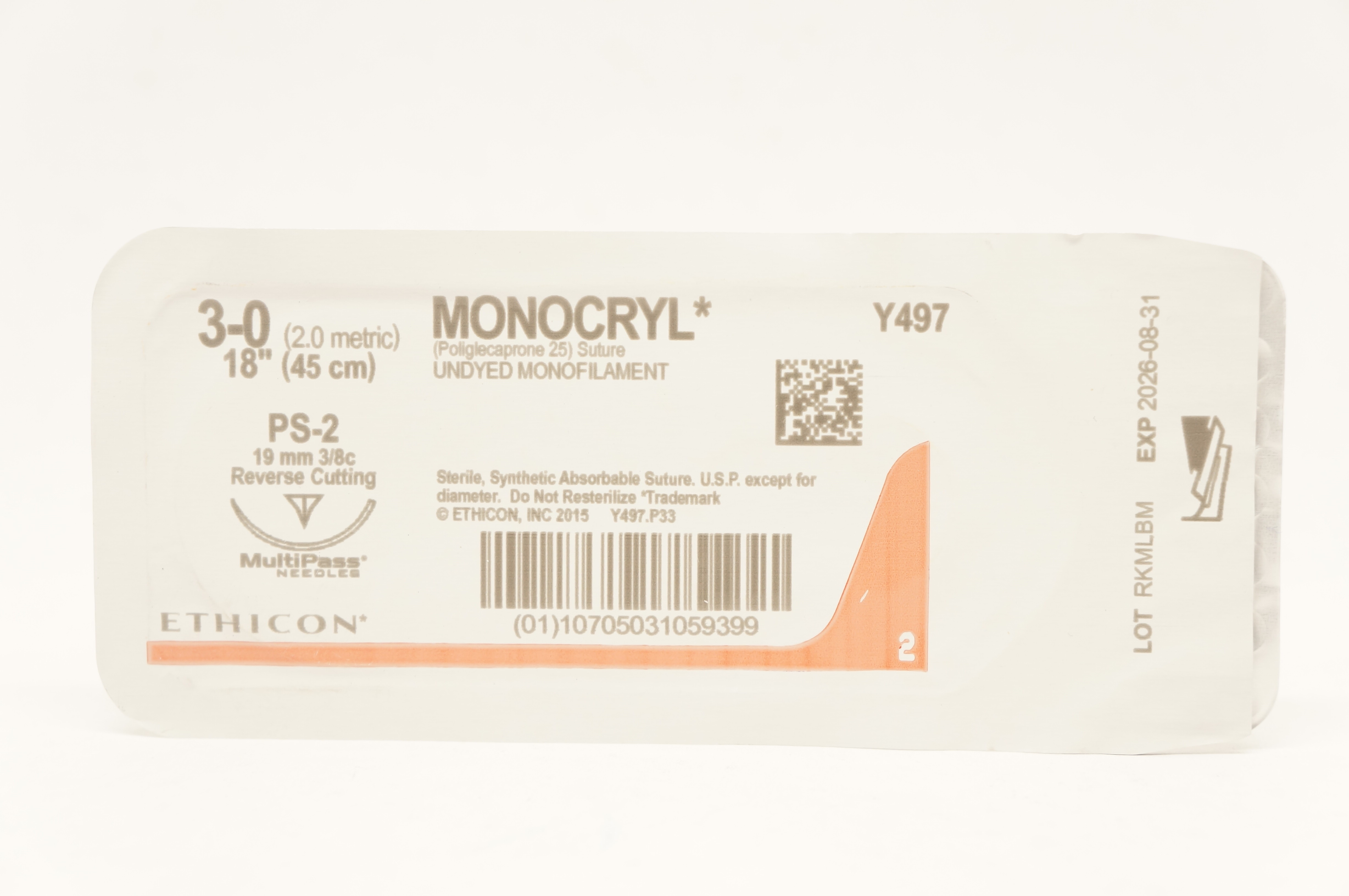 Ethicon Y497 3-0 MONOCRYL Stre PS-2 19mm 3/8c Reverse Cutting, 18inch