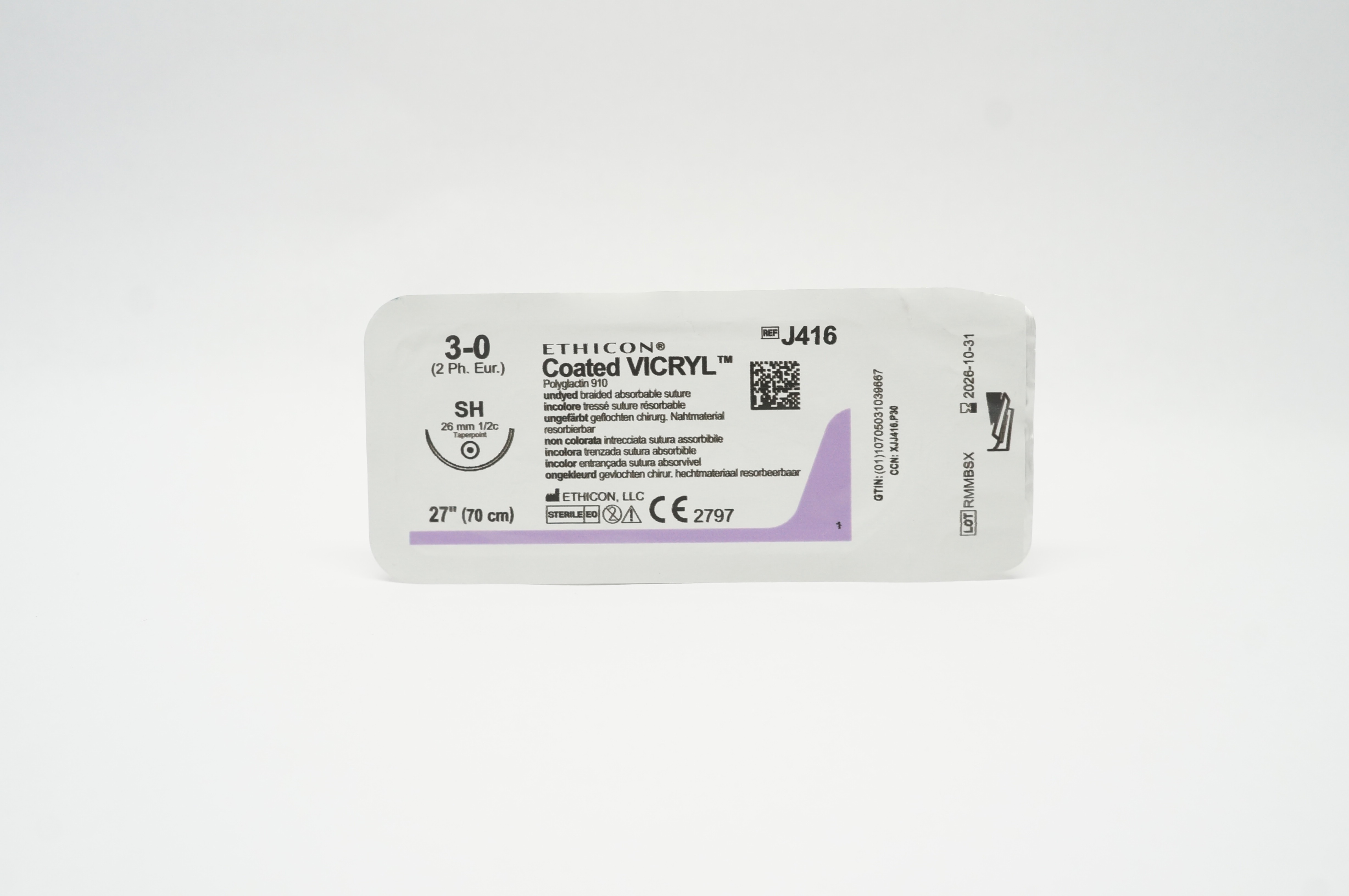 Ethicon J416 3-0 Coated VICRYL Polyglactin Stre SH 26mm 1/2c Taperpoint, 27inch