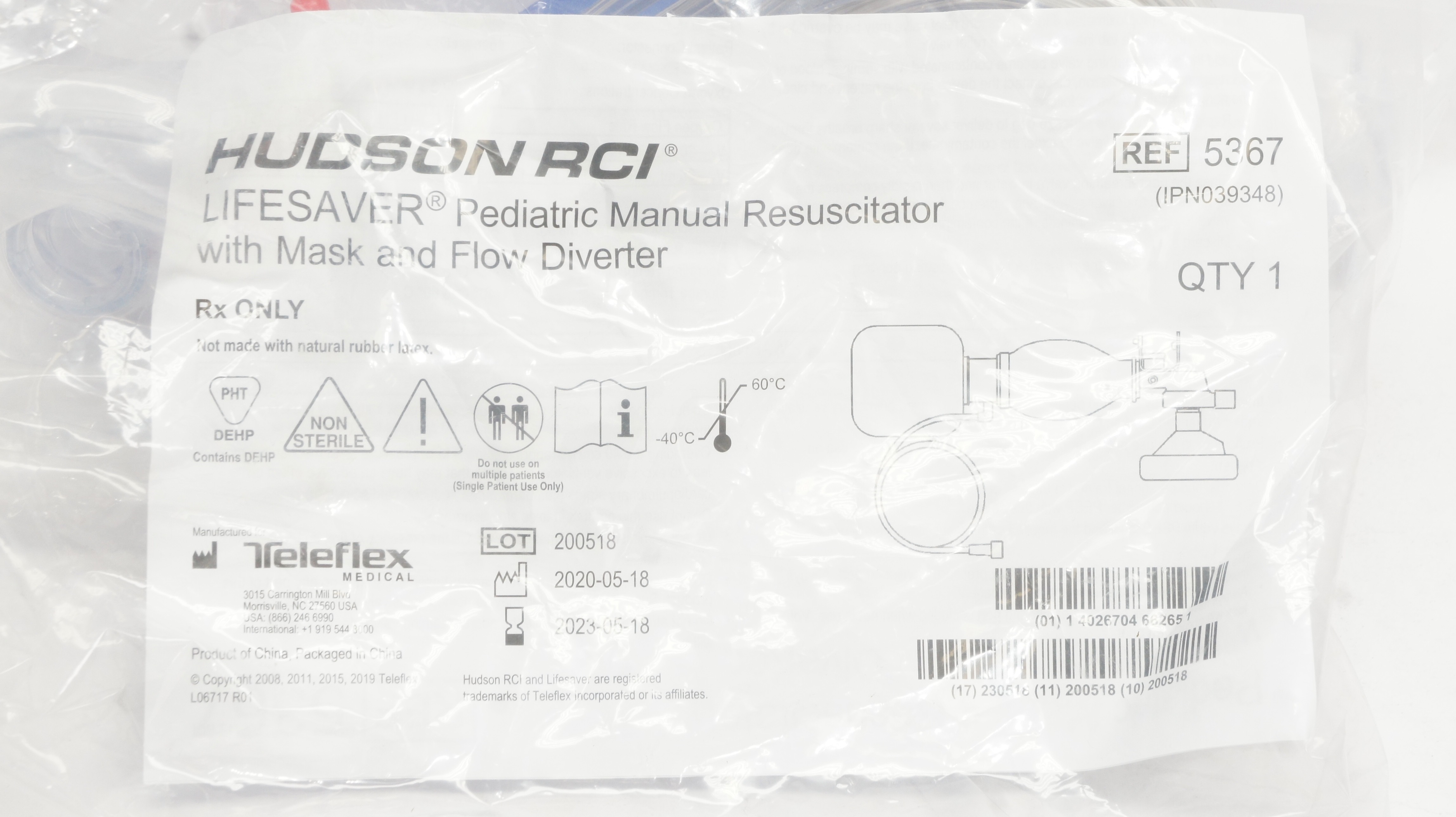 Teleflex 5367 Hudson RCI Lifesaver Pediatric Manual Resuscitator (x)