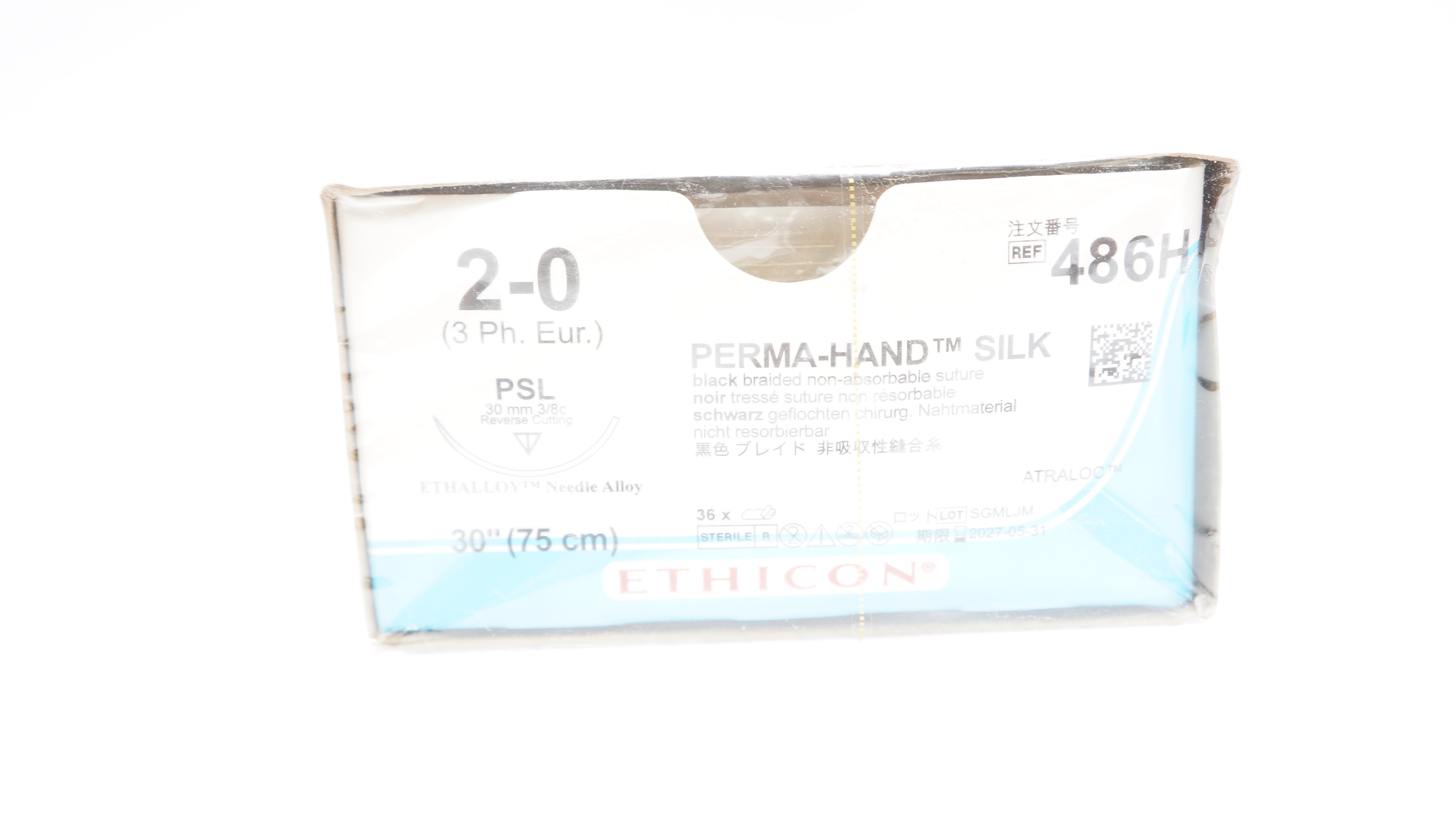 Ethicon 486H 2-0 Perma-Hand Silk PSL 30mm 3/8c Reverse Cutting 30in. - Box of 36
