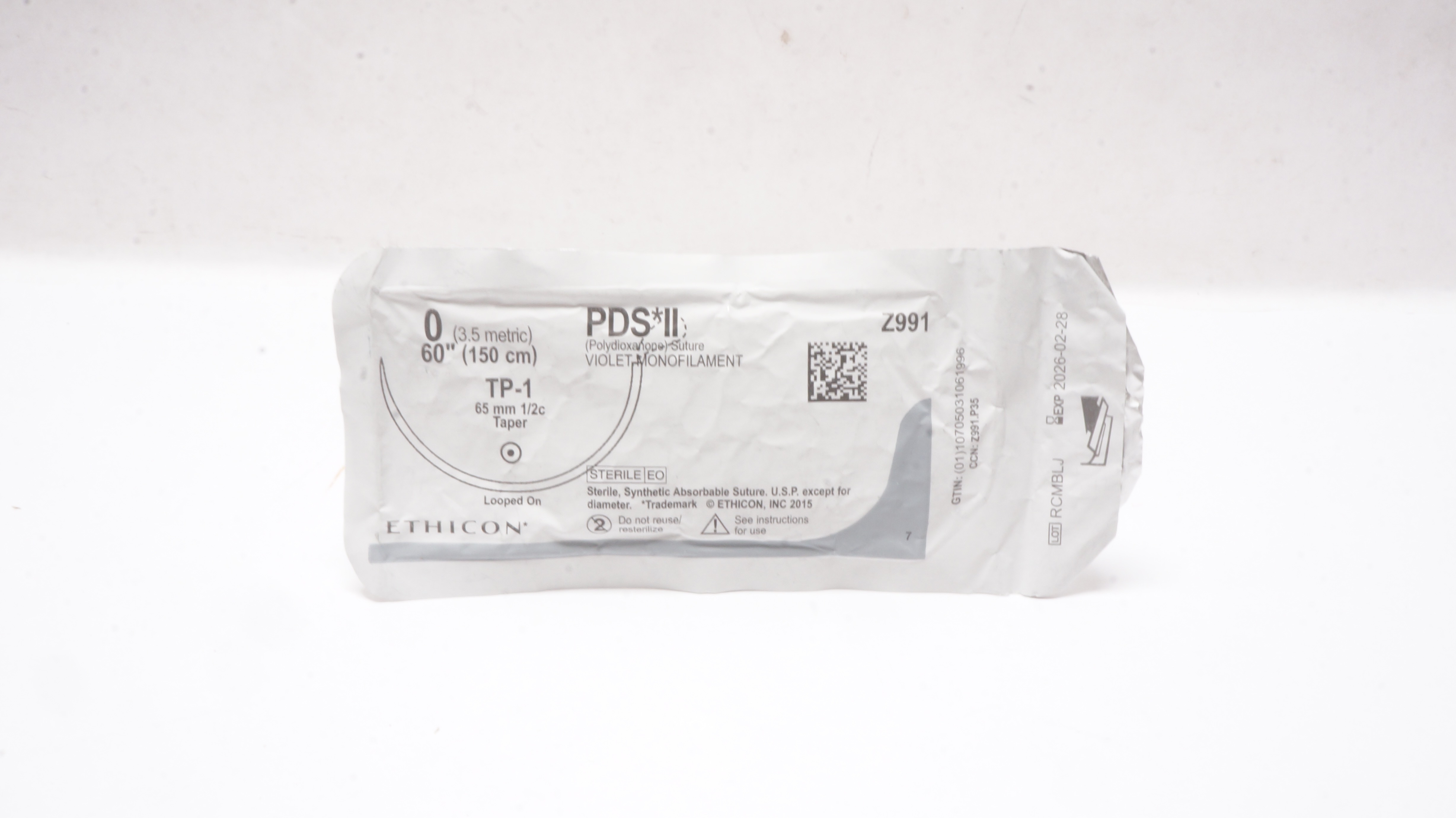 Ethicon Z991 0 PDS II Monofilament Stre TP-1 65mm 1/2c Taper 60inch