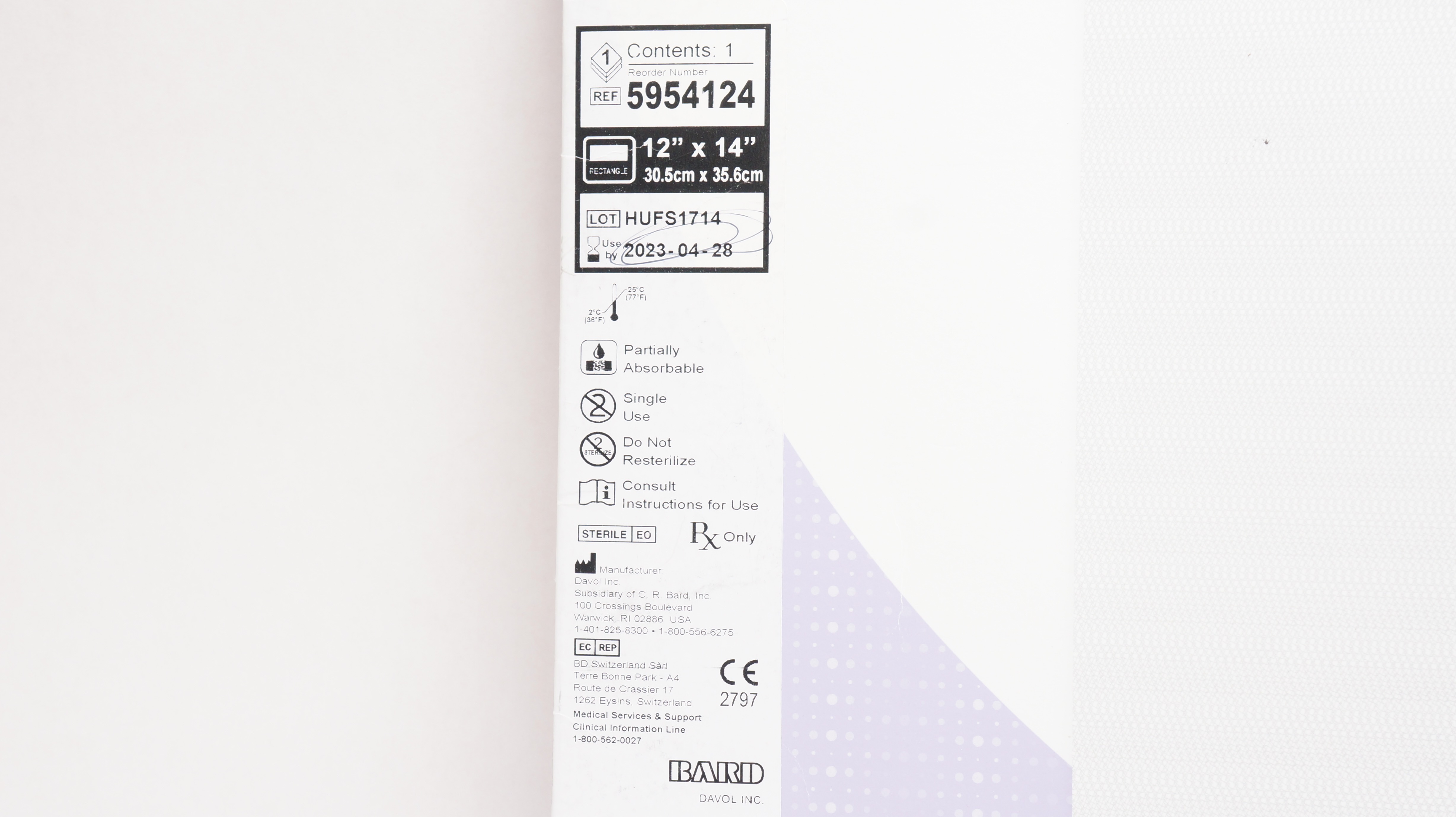 Bard 5954124 Ventralight ST Low Profile Bioresorbable Coated Mesh 12 x 14inch(x)