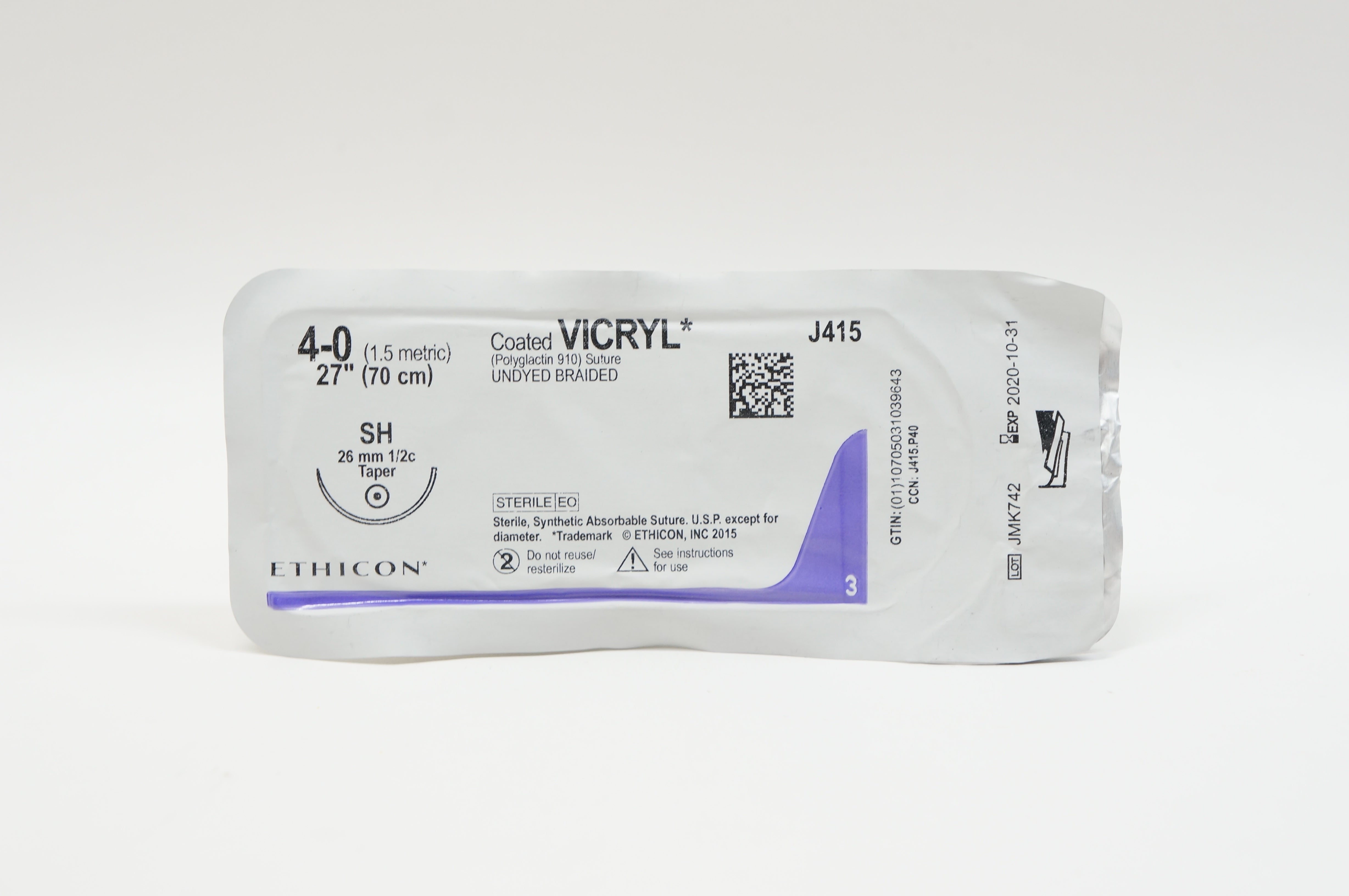 Ethicon J415 4-0 VICRYL, SH, 26mm 1/2c Taper, 27inch