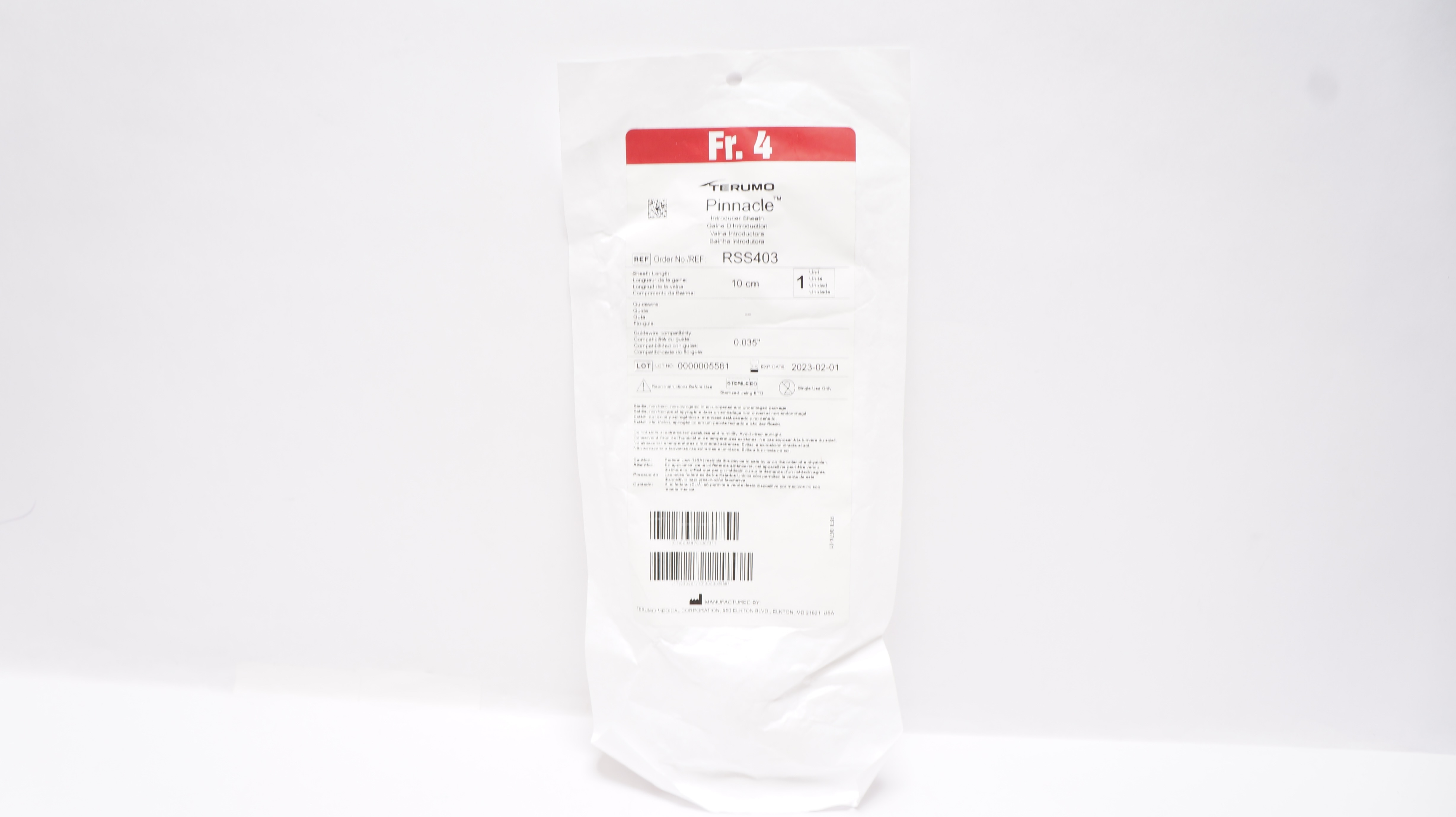 Terumo RSS403 Pinnacle Introducer Sheath 4Fr x 10cm x 0.035inch (x)