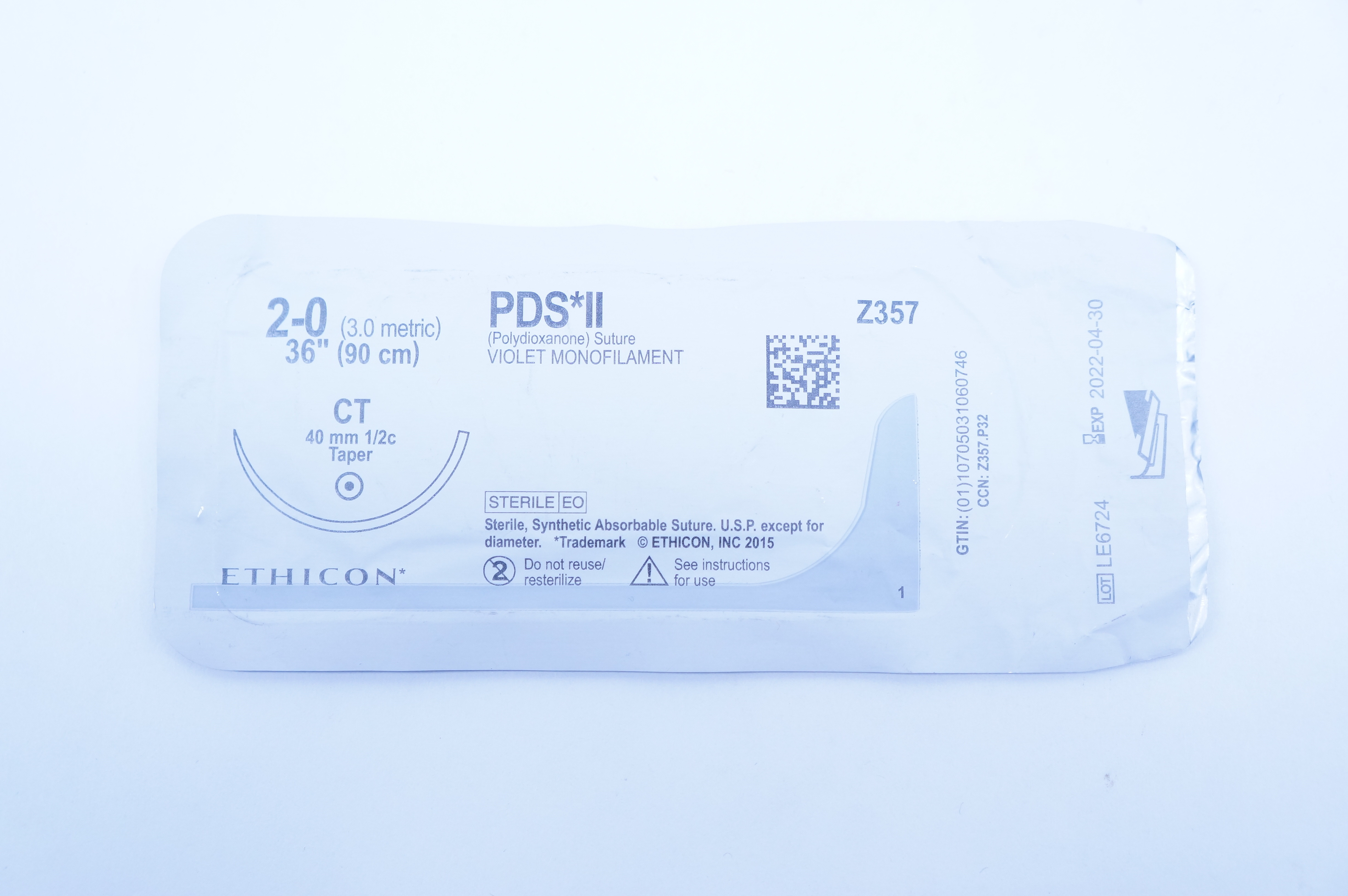 Ethicon Z357 2-0 PDS II, CT, 40mm 1/2c Taper, 36inch (x)