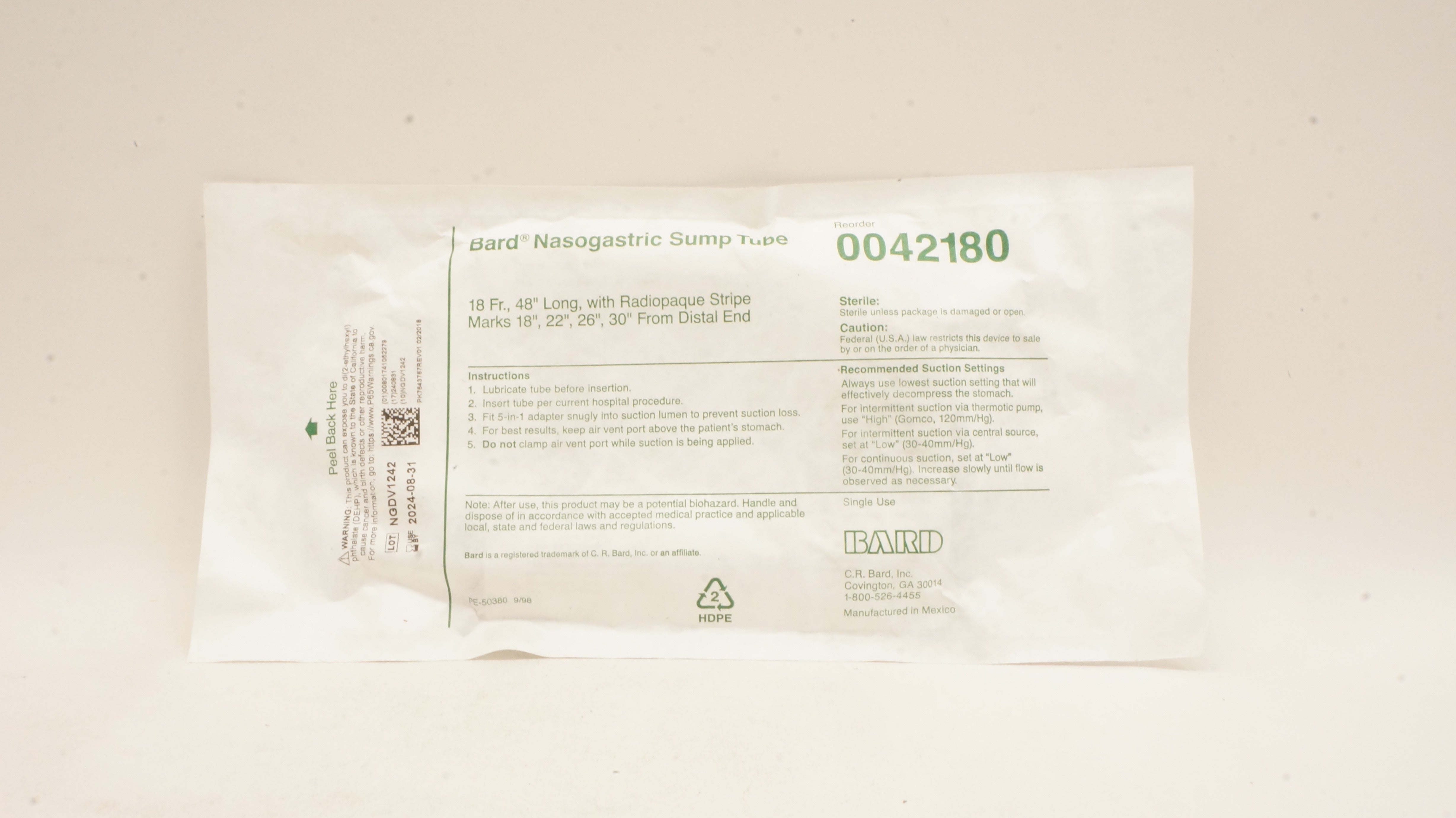 Bard 0042180 Nasogastric Sump Tube with Radiopaque Stripe Marks 18Fr x 48 inch