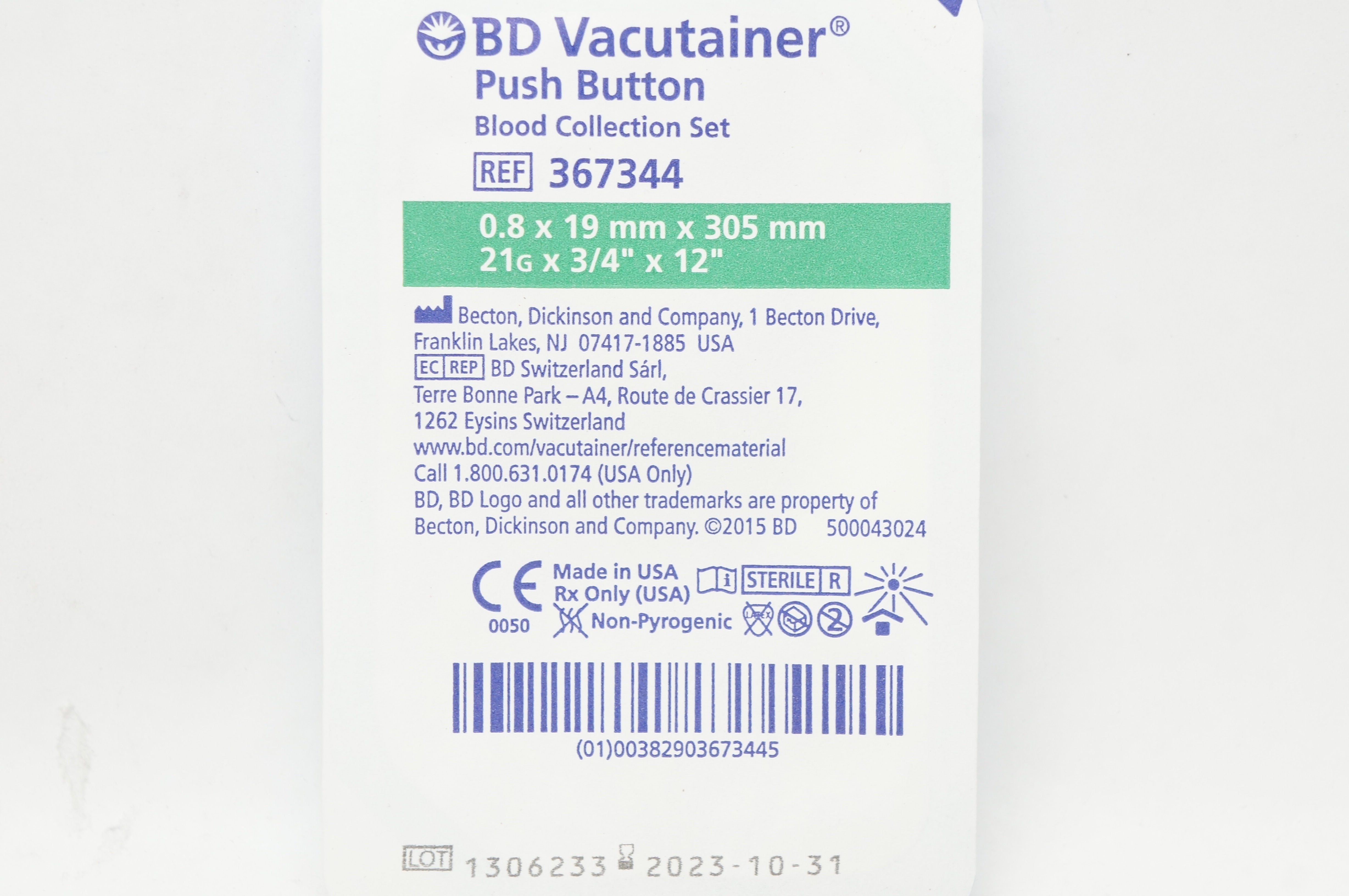 BD 367344 Vacutainer Push Button Blood Collection Set 21G x 3/4inch x 12inch
