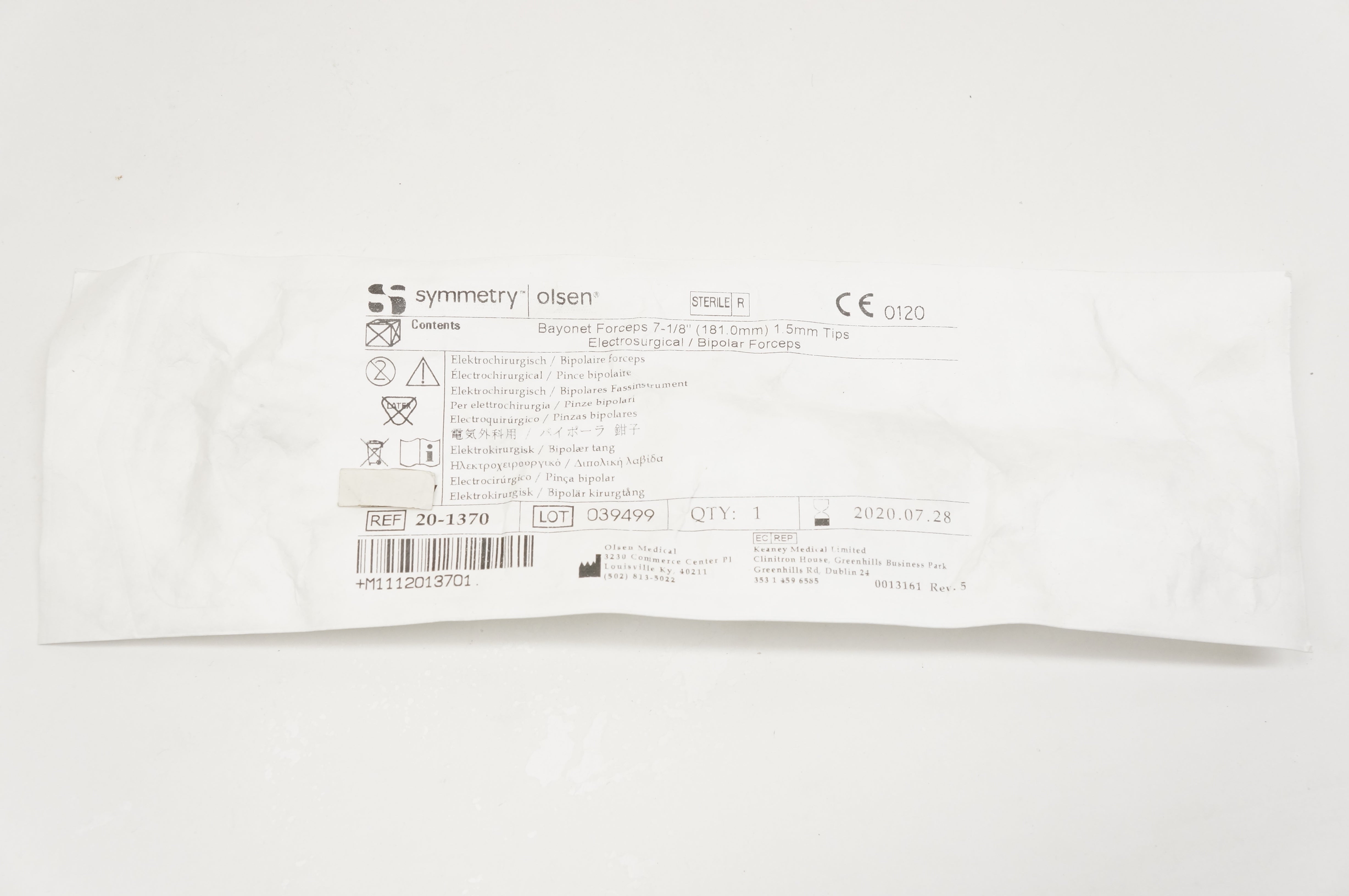 Symmetry Olsen 20-1370 Bayonet Forceps 7-1/8inch 1.5 Tips Bipolar