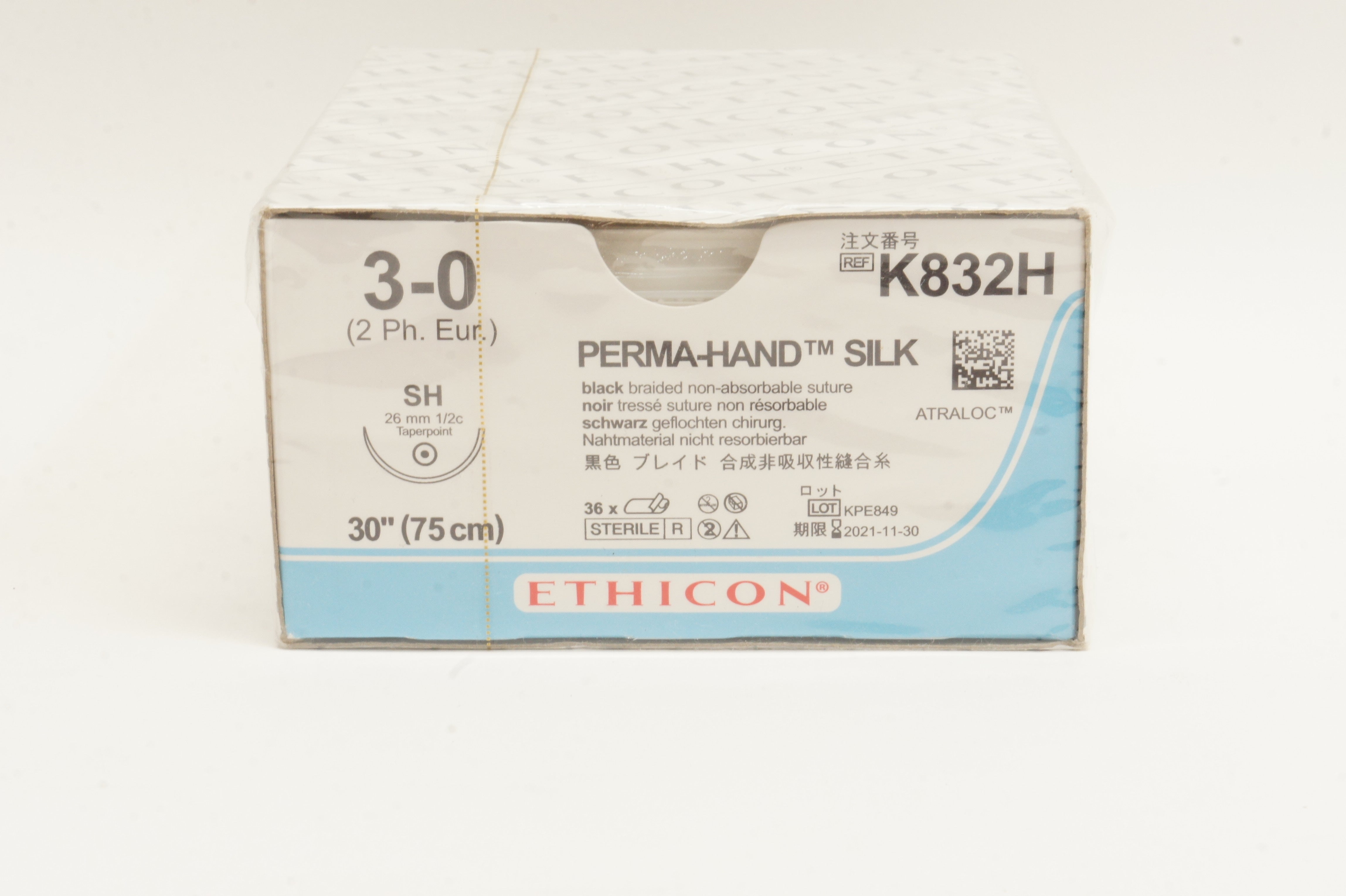 Ethicon K832H 3-0 Perma-Hand Silk Stre SH 26mm 1/2c, 30inch - Box of 36