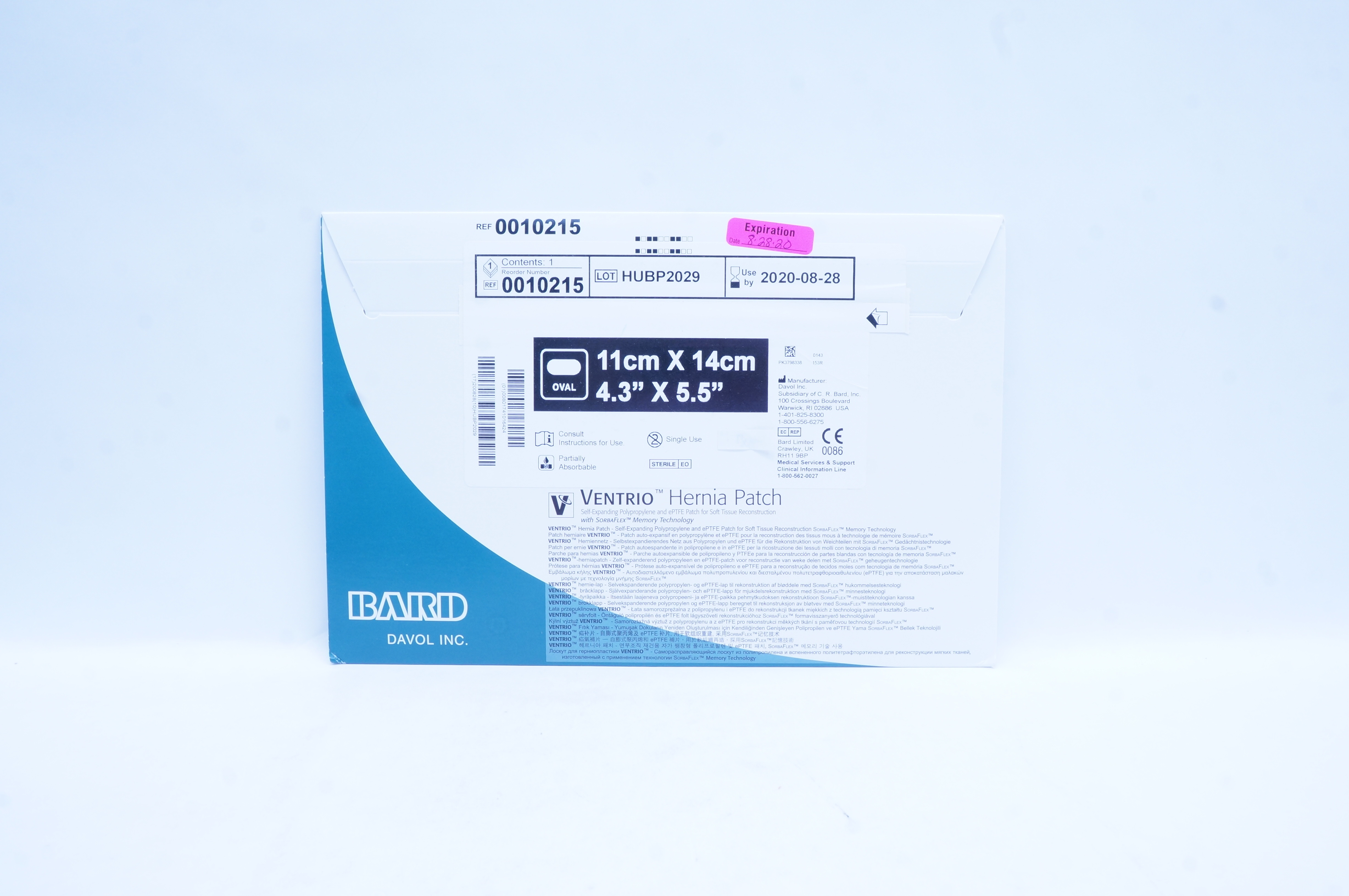 Bard 0010215 Mesh Ventrio Hernia Patch Medium Oval with ePTFE 4.3in x 5.5in (x)