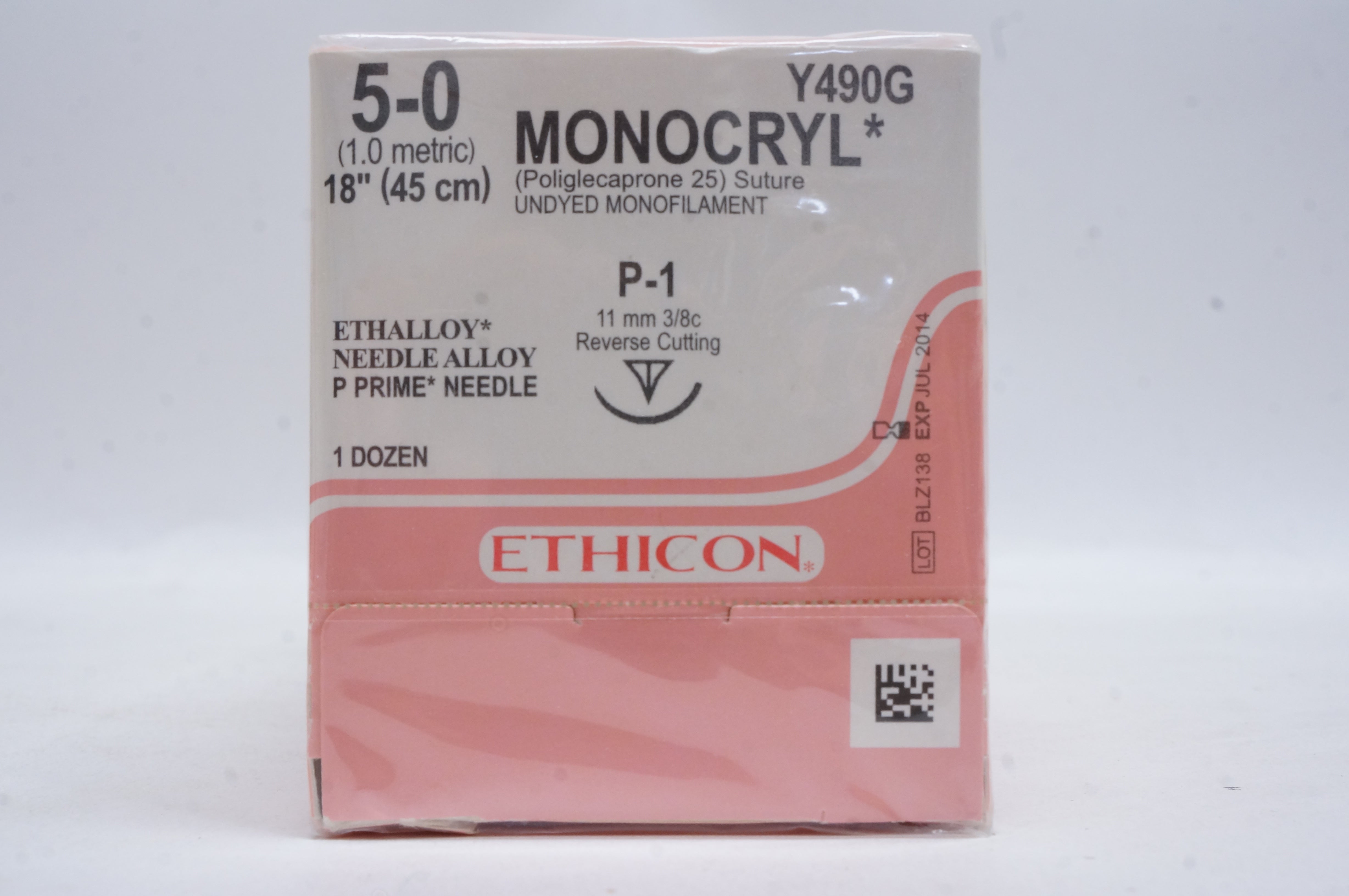 Ethicon Y490G 5-0 MONOCRYL, P-1, 11mm 3/8c Reverse Cutting, 18inch (x)-Box of 12