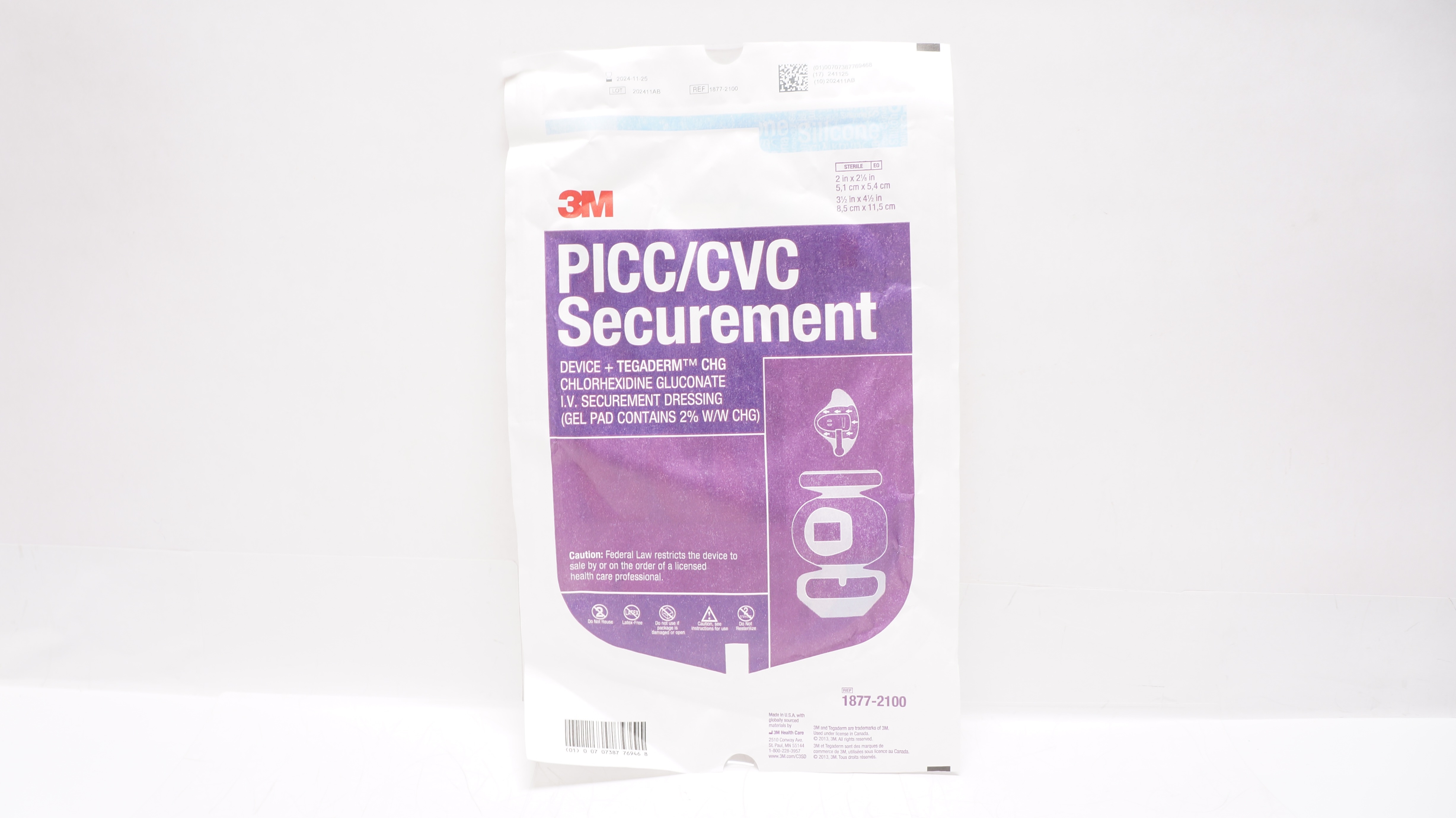 3M 1877-2100 PICC/CVC Securement Device Tegaderm CHG Dressing 2 x 2 1/8inch