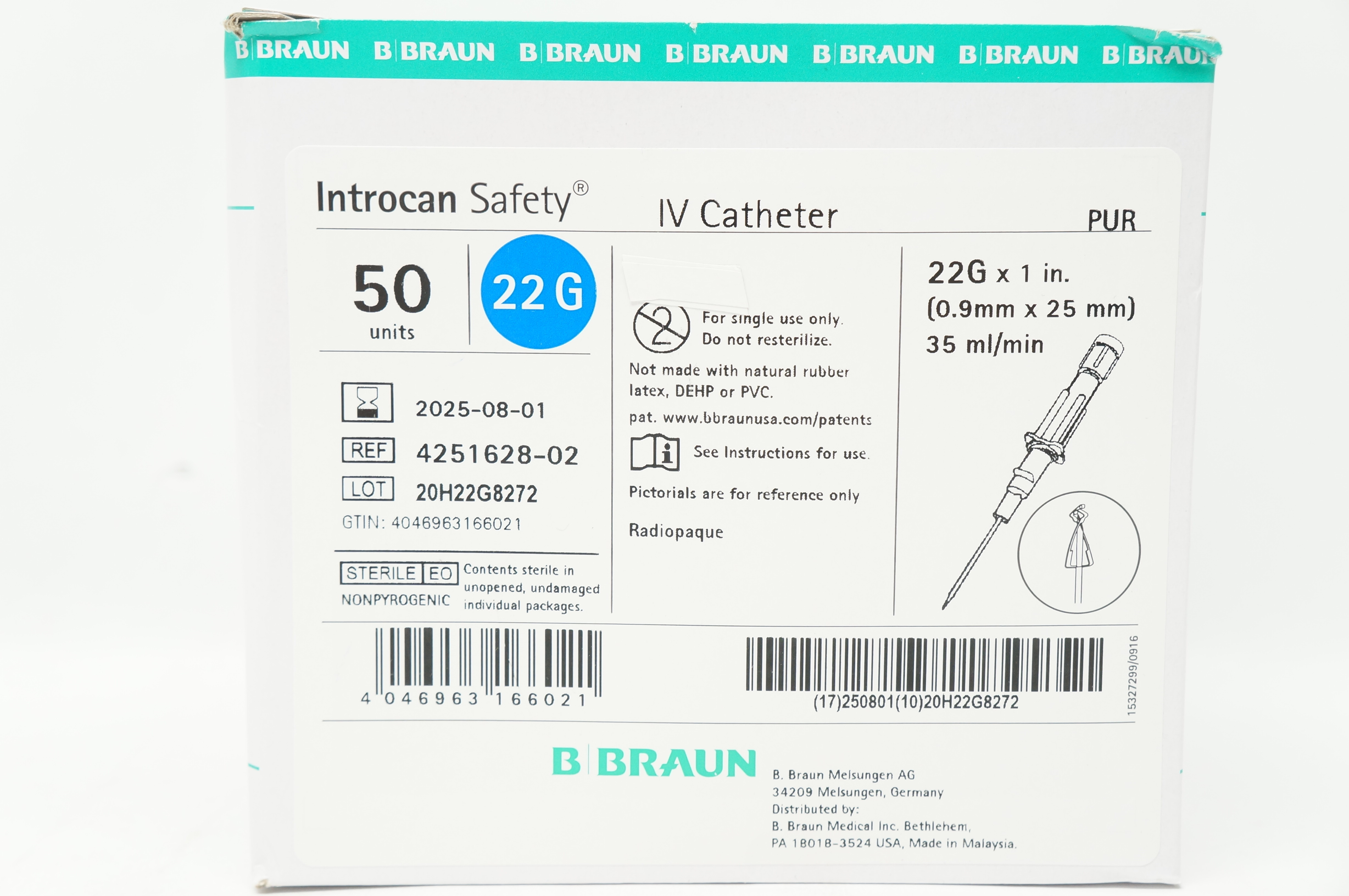Braun 4251628-02 Introcan Safety IV Cath. 22G x 1inch 35ml/min - Box of 50