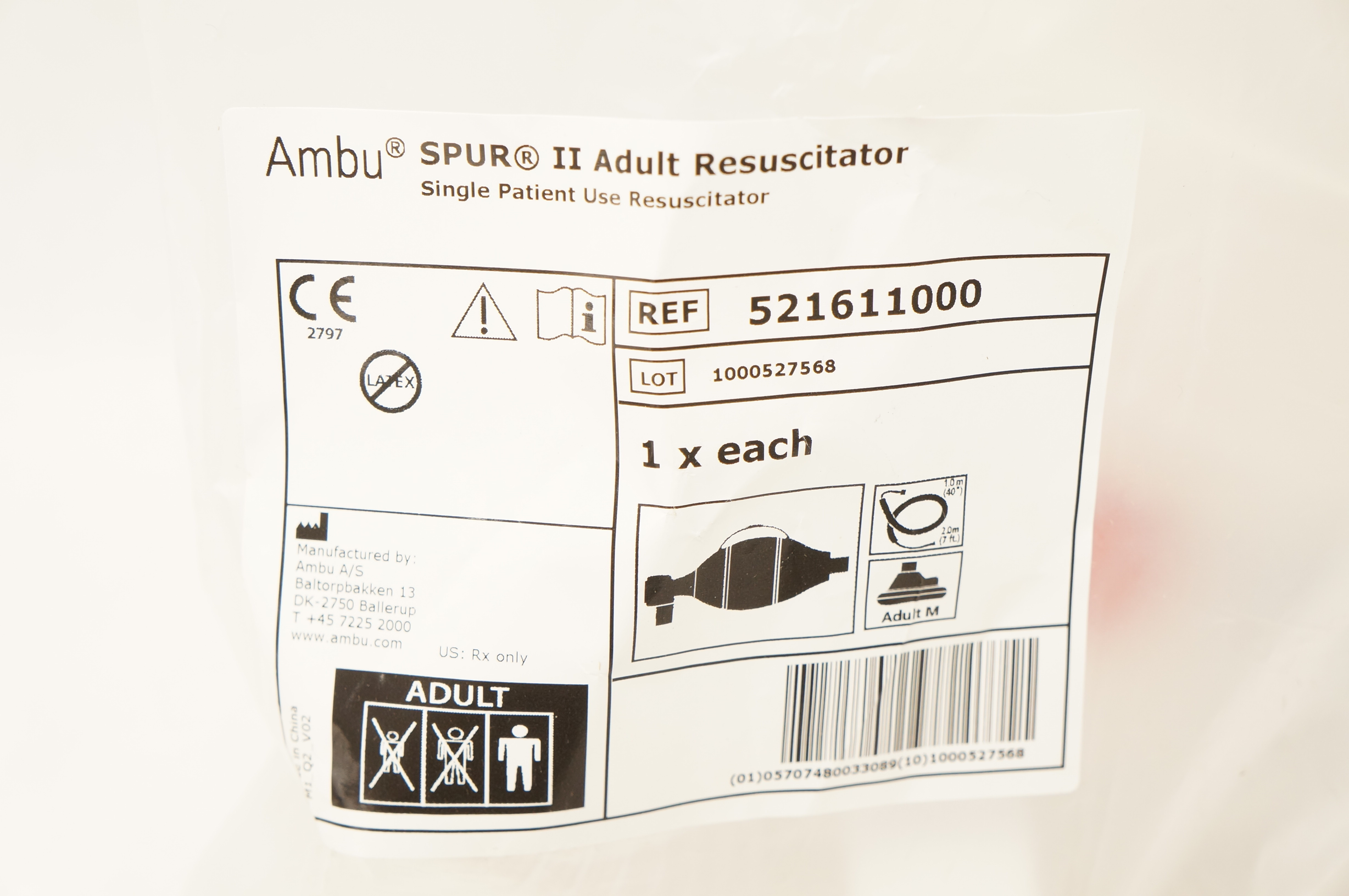 AMBU 521611000 SPUR II Adult Resuscitator, M 40inch x 7ft