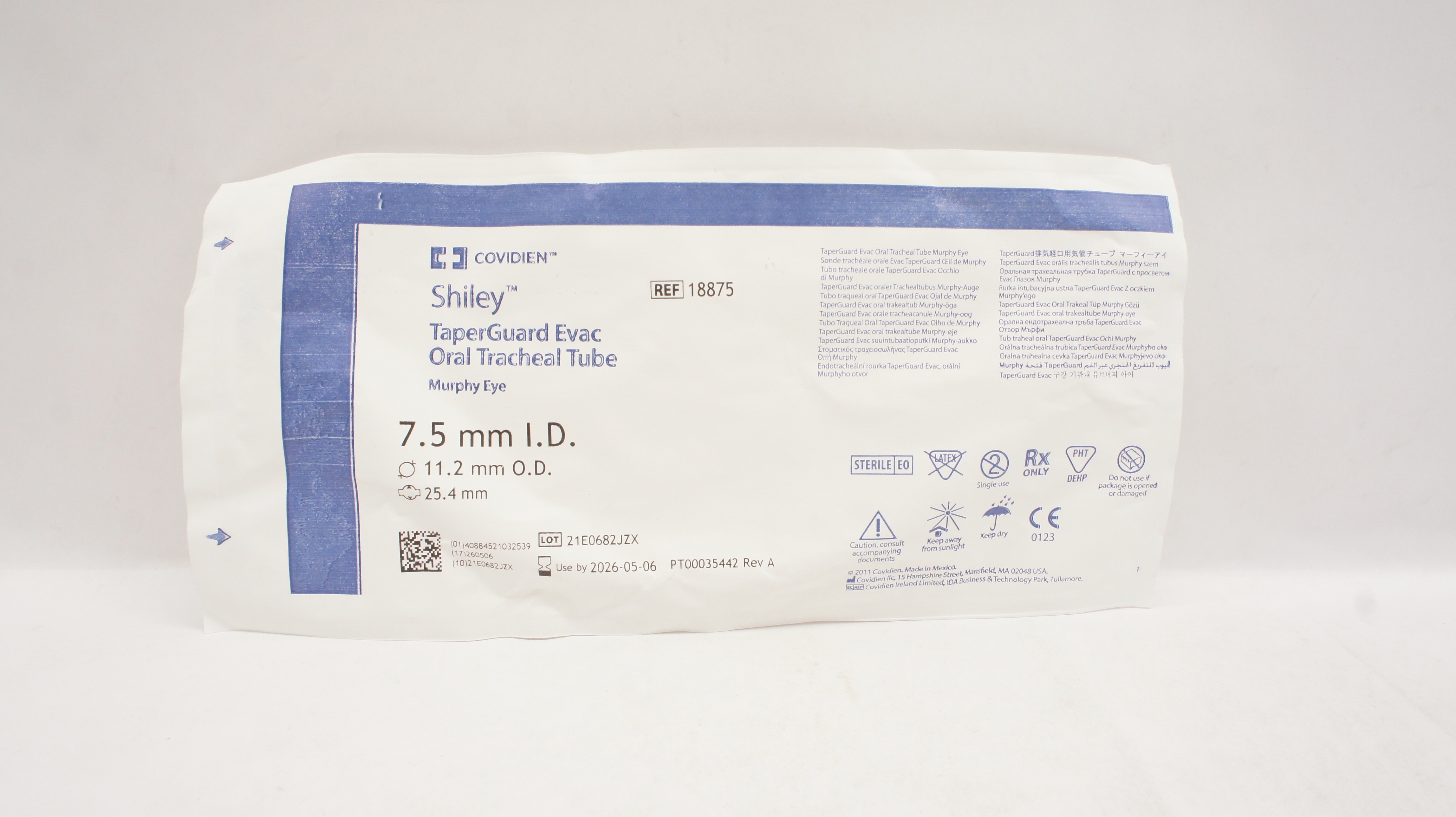 Covidien 18875 Shiley TaperGuard Evac Oral Tracheal Tube 7.5mm ID 11.2mm OD