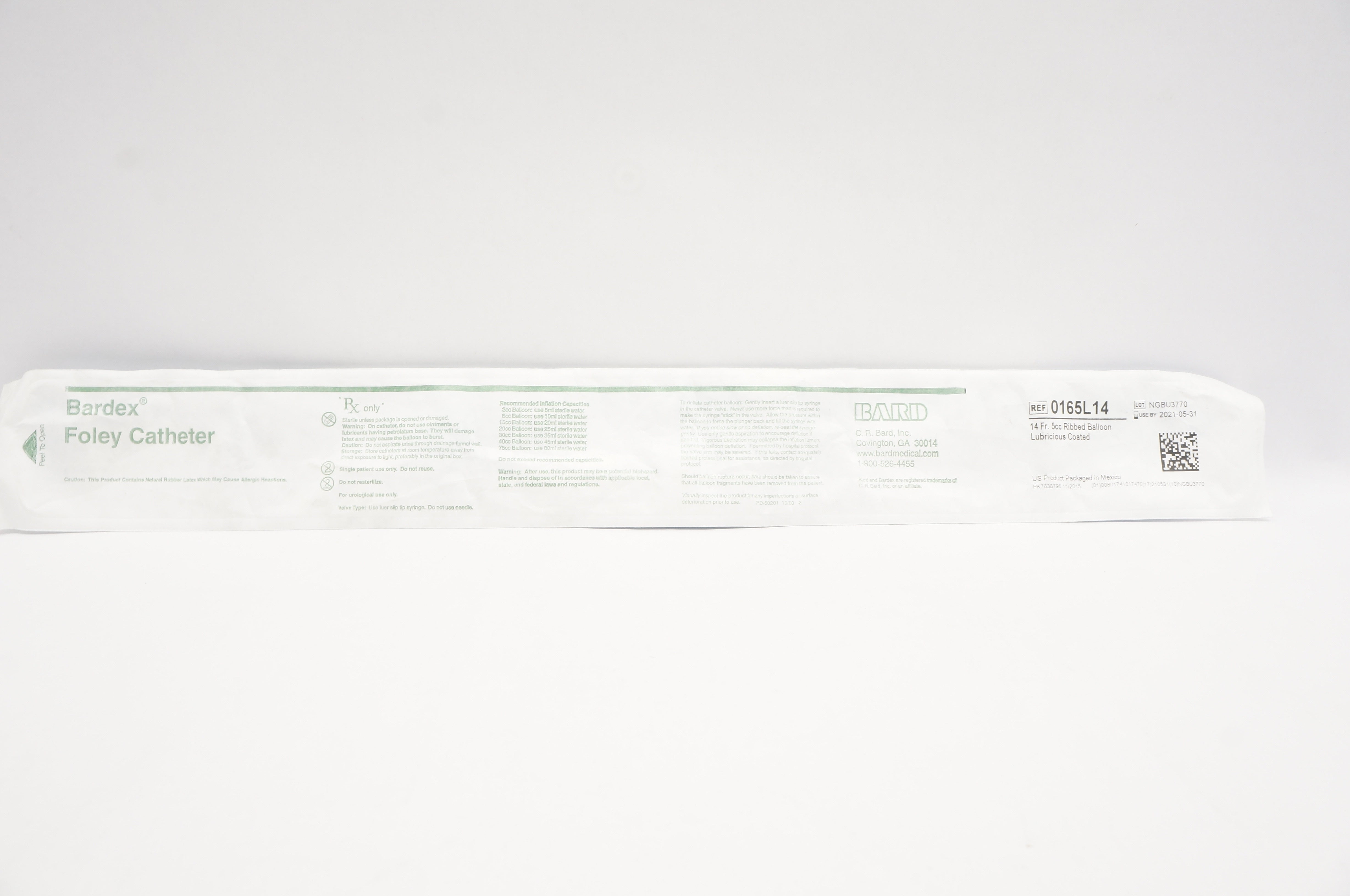 Bard 0165L14 Bardex Foley Cath. 14Fr 5cc Ribbed Balloon Lubricious Coated (x)