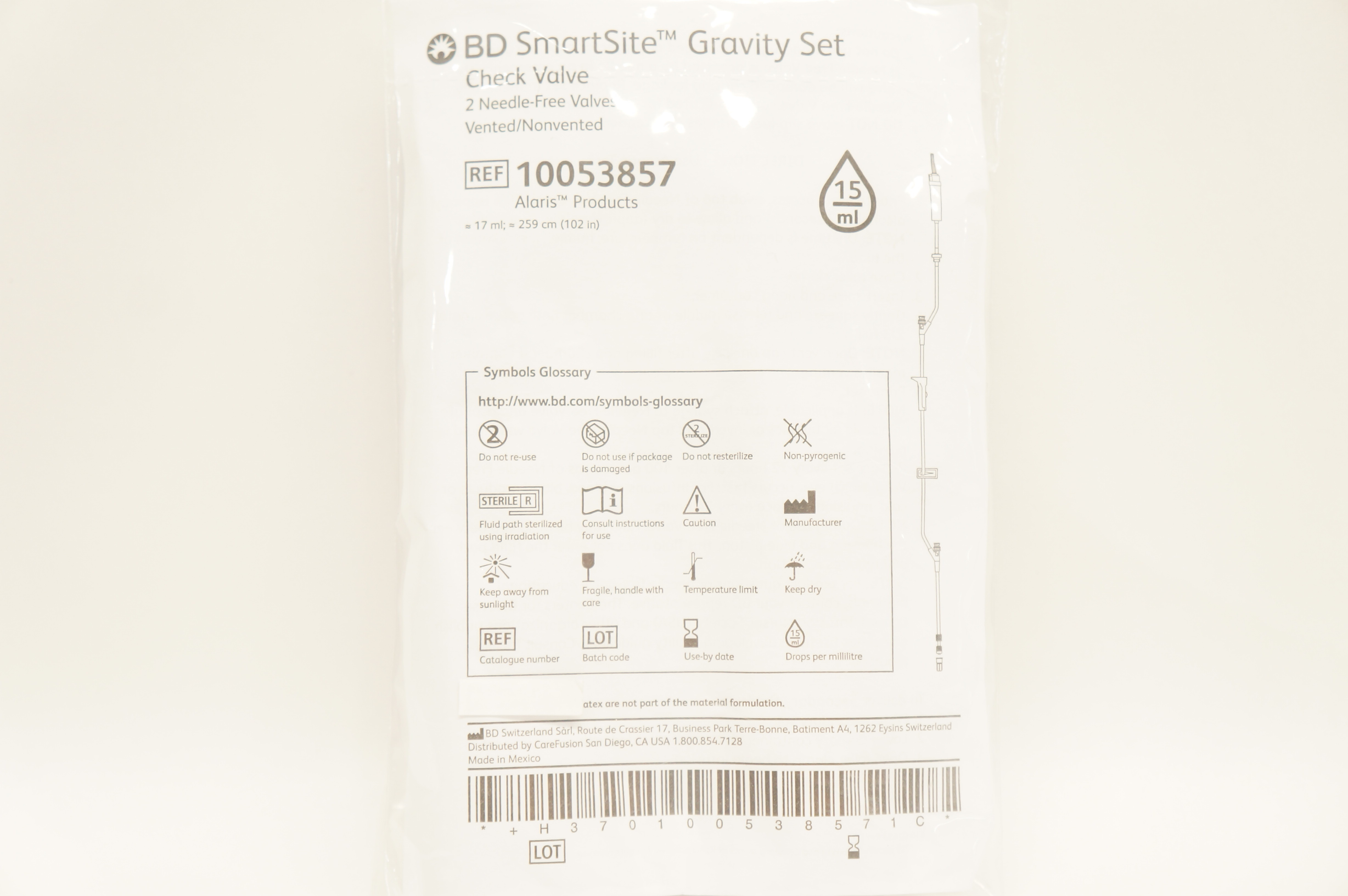 BD 10053857 Alaris SmartSite Gravity Set Check Valve 15mL x 102inch