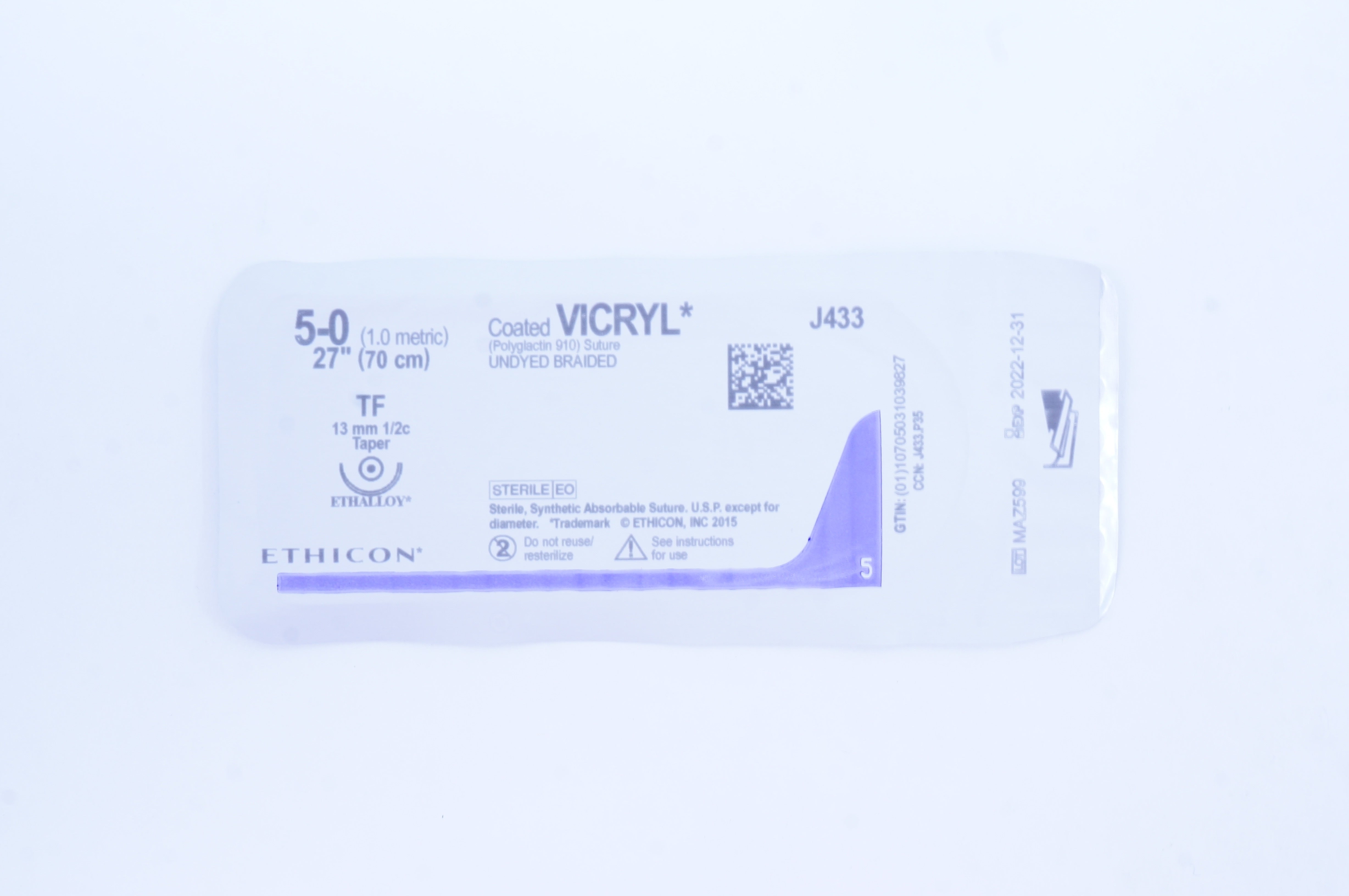 Ethicon J433 5-0 Coated VICRYL TF 13mm 1/2c Taper, 27inch