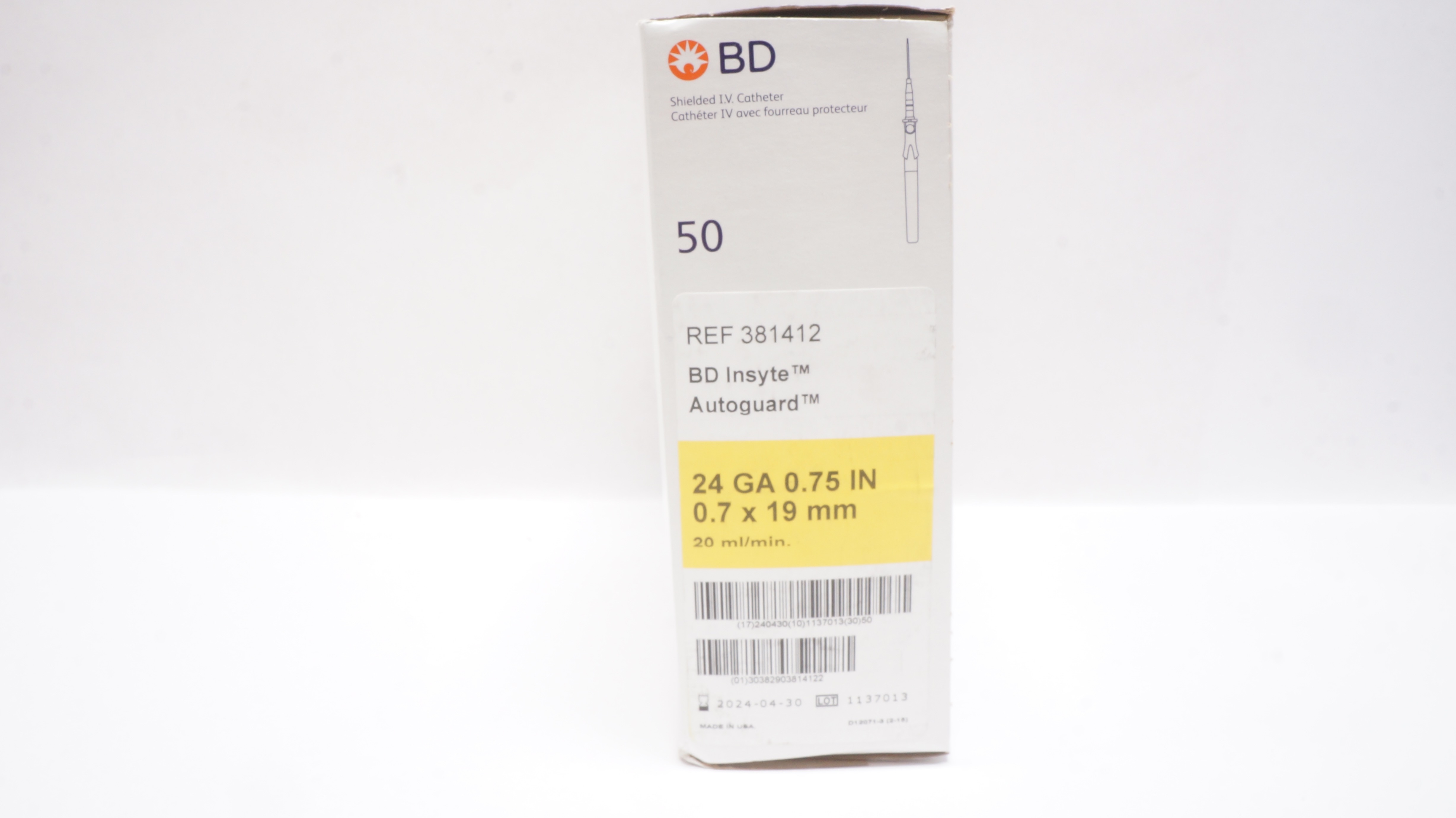 BD 381412 BD Insyte Autoguard Shielded IV Cath. 24Ga x 0.75inch - Box of 50
