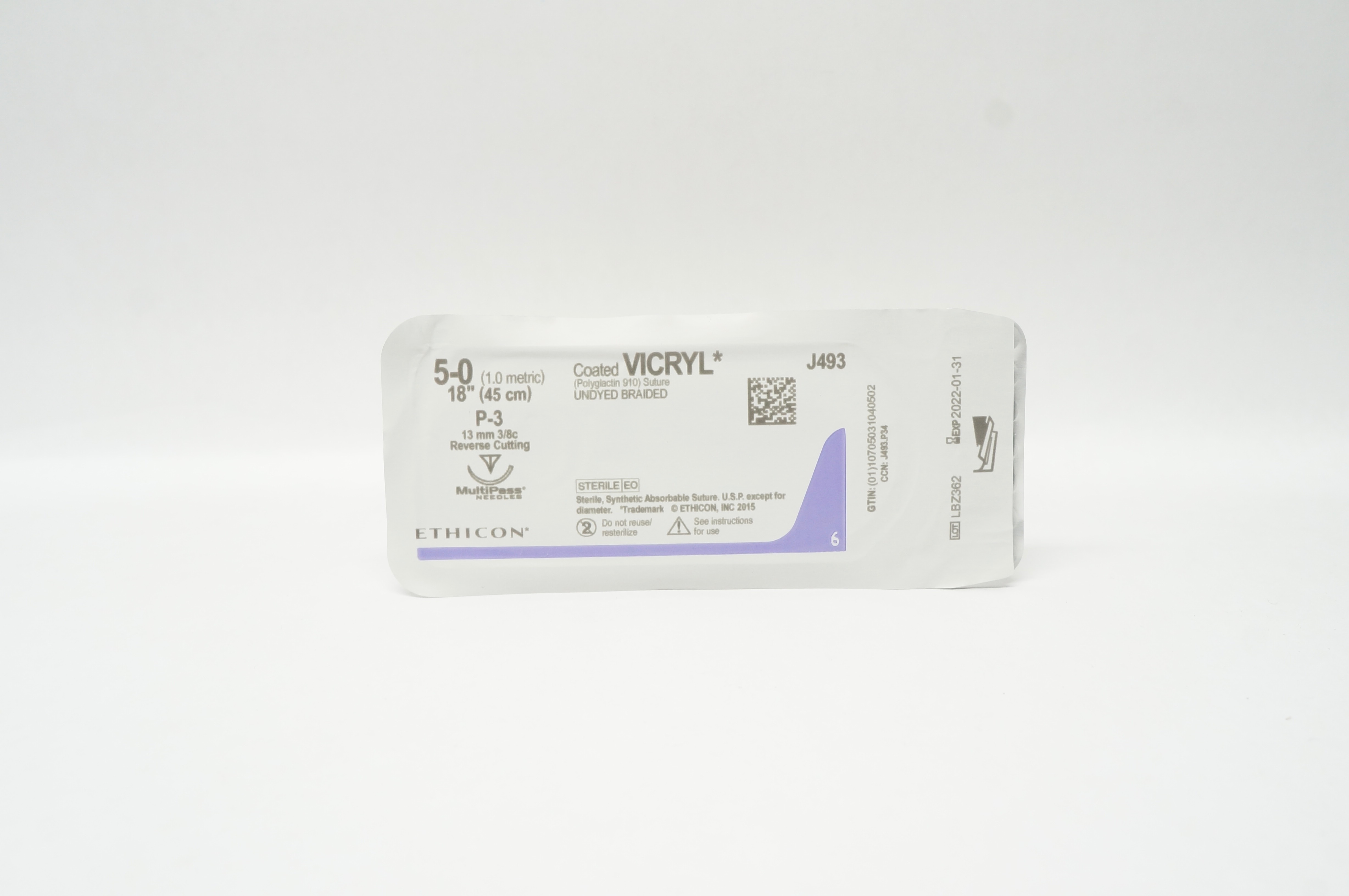 Ethicon J493 5-0 Coated VICRYL P-3 13mm 3/8c Reverse Cutting 18inch