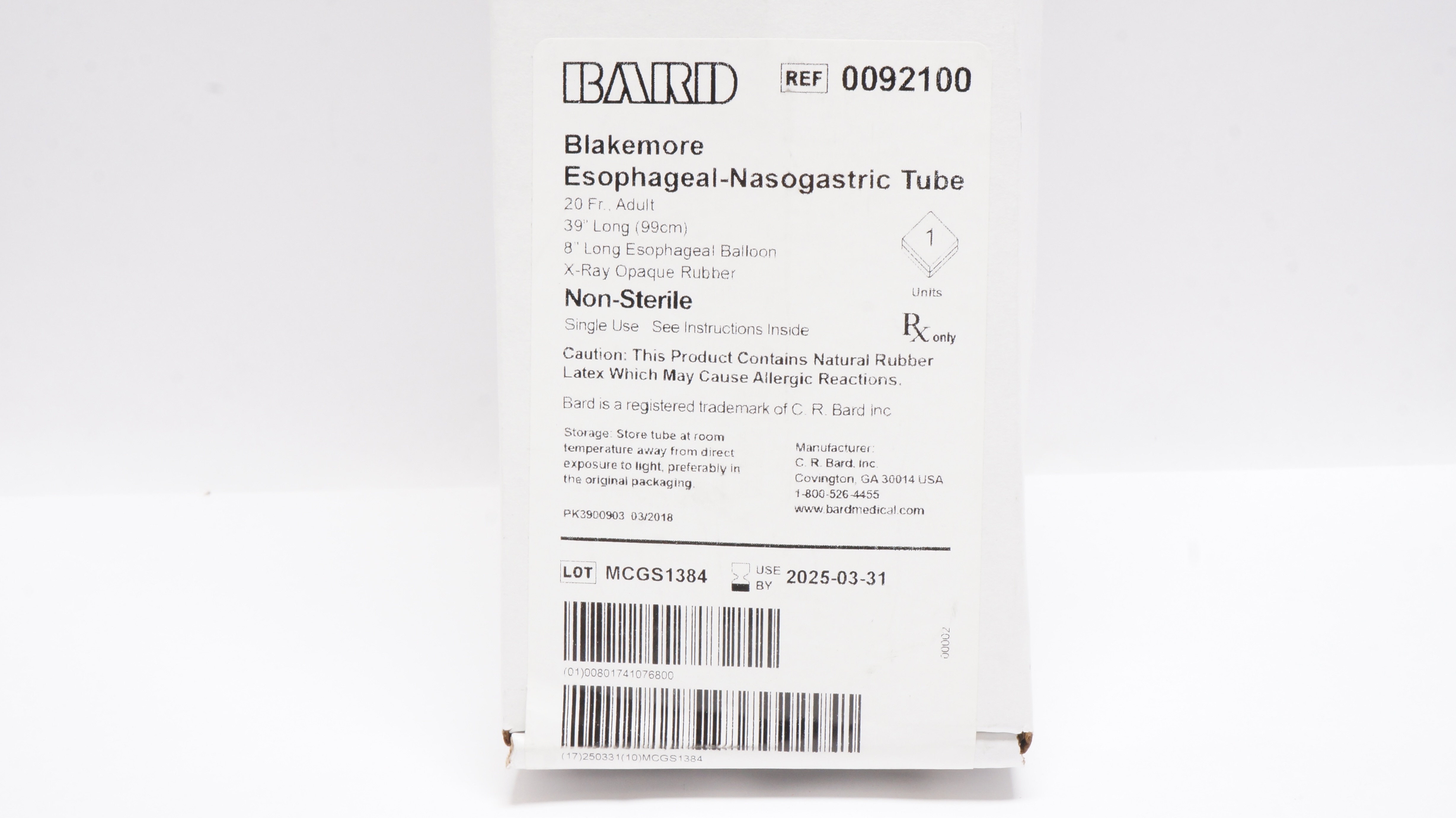 Bard 0092100 Blakemore Esophageal-Nasogastric Tube 20Fr. x 39inch x 8inch