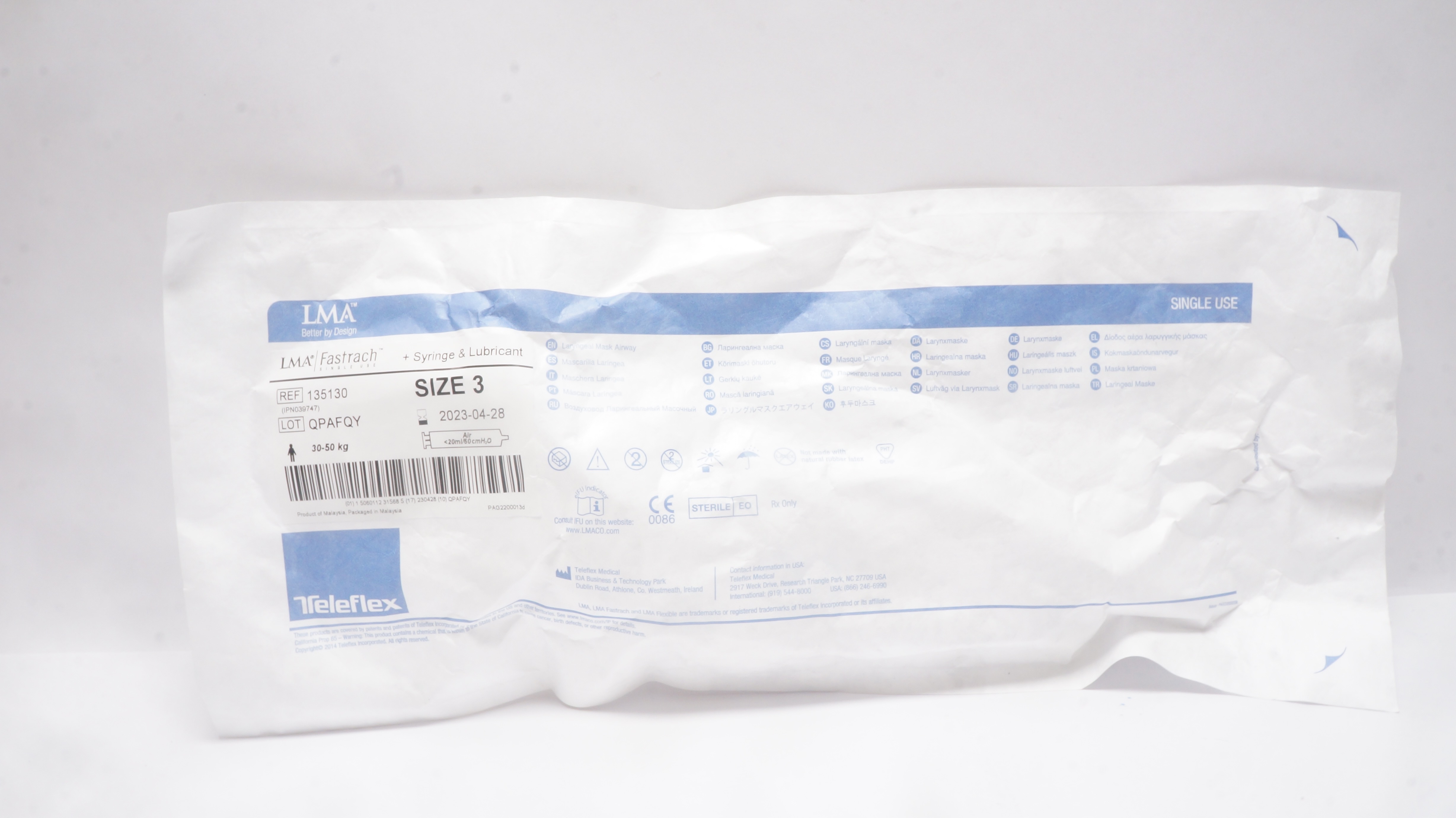 Teleflex 135130 LMA Fastrach Laryngeal Mask Airway Syringe & Lubricant Size 3(x)