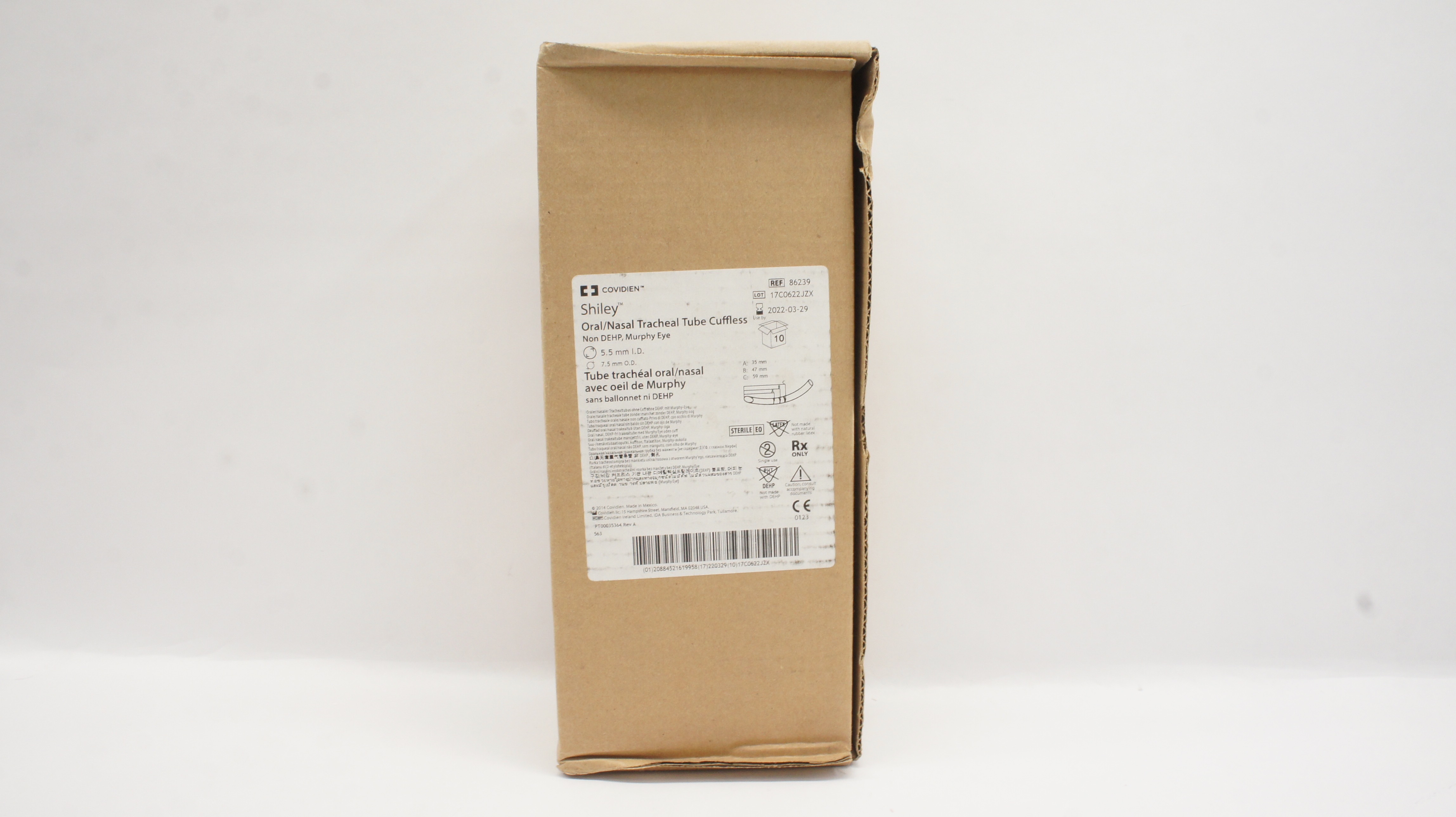 Covidien 86239 Shiley Oral/Nasal Tracheal Tube Cuffless - Box of 10 (x)