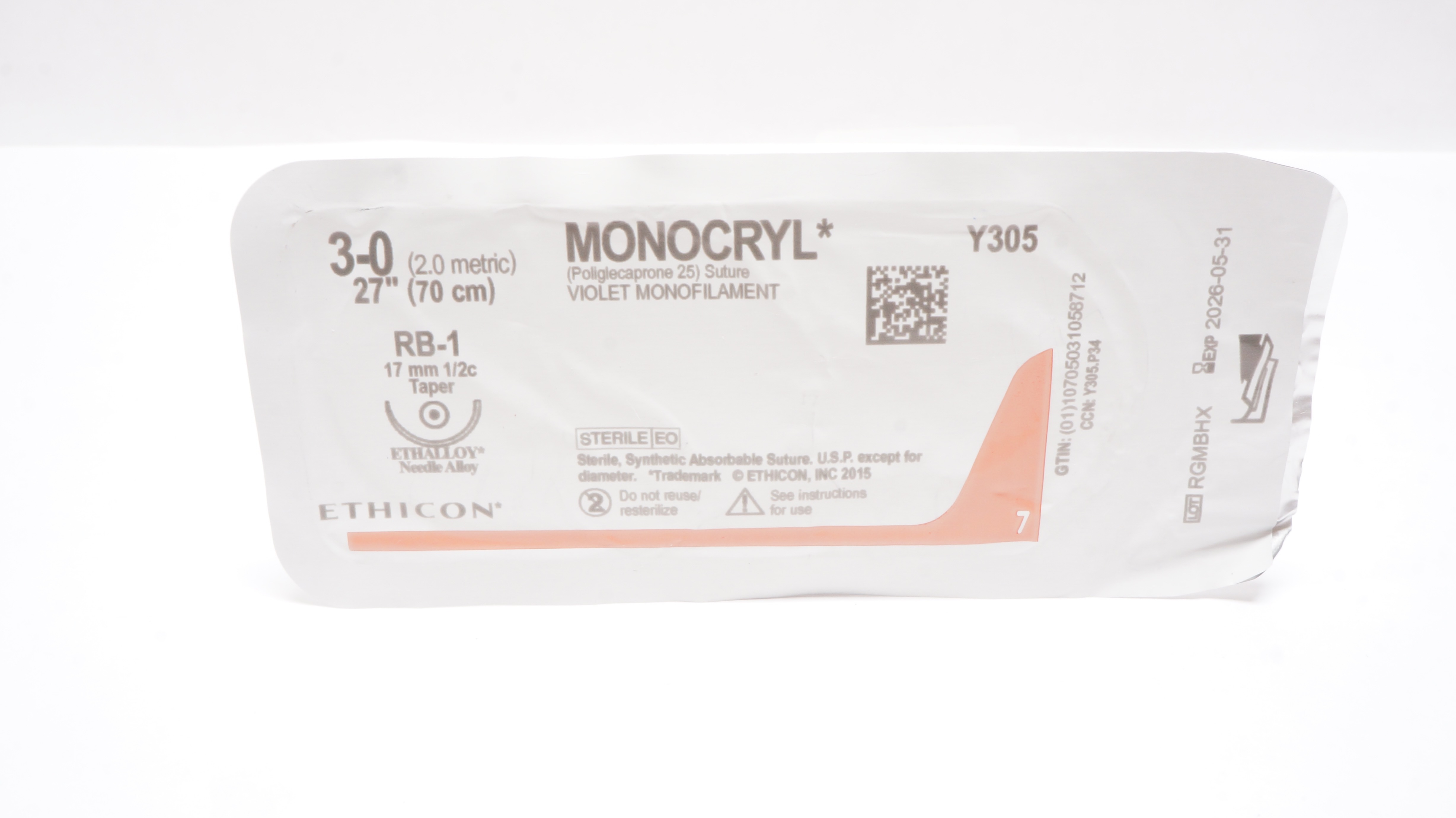 Ethicon Y305 3-0 MONOCRYL Poliglecaprone 25 Stre RB-1 17mm 1/2c Taper 27inch