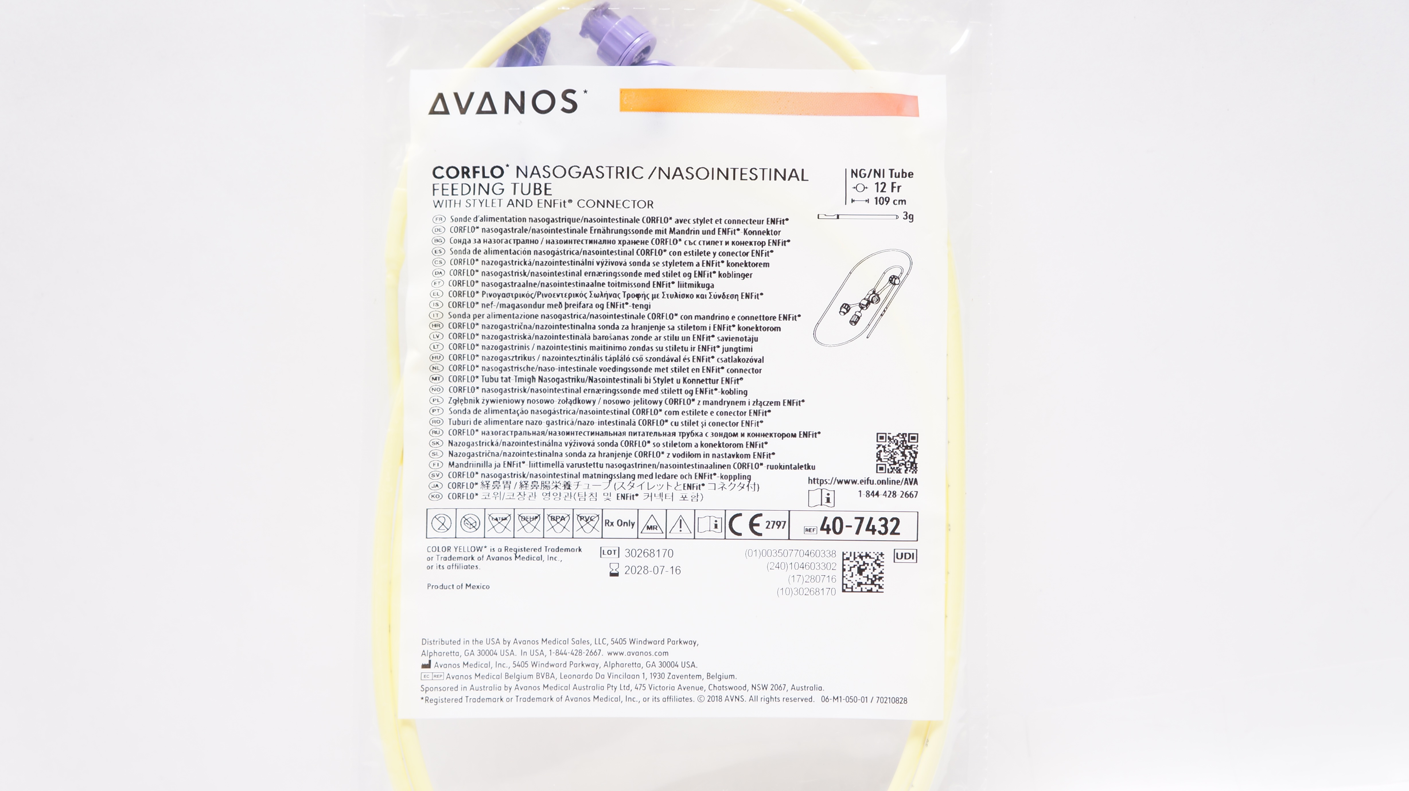 Avanos 40-7432 Corflo Nasogastric/Nasointestinal Feeding Tube 12Fr x 109cm