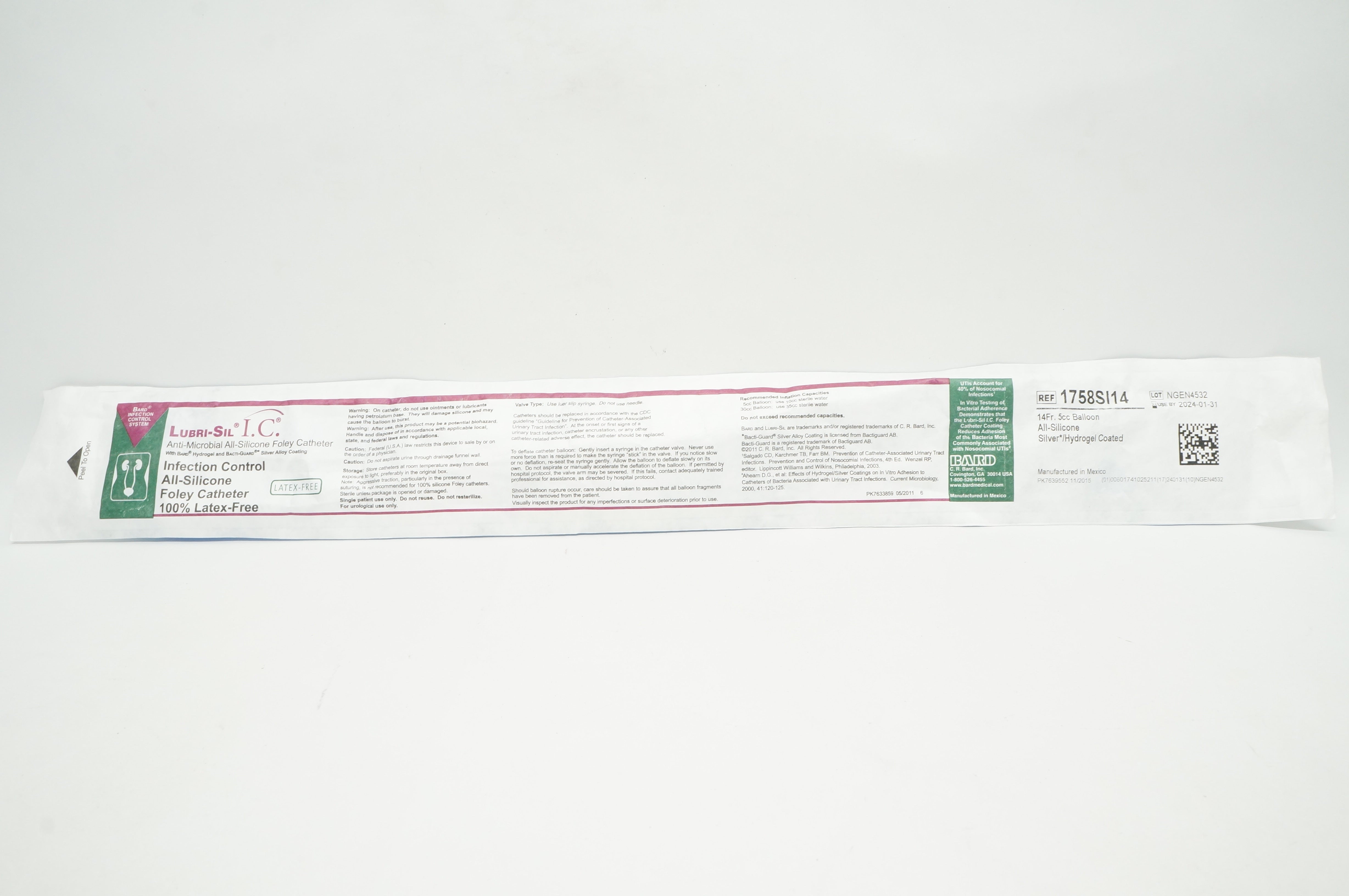Bard 1758SI14 Lubri-Sil I.C. Anti-Microbial All-Silicone Foley Cath. 14Fr