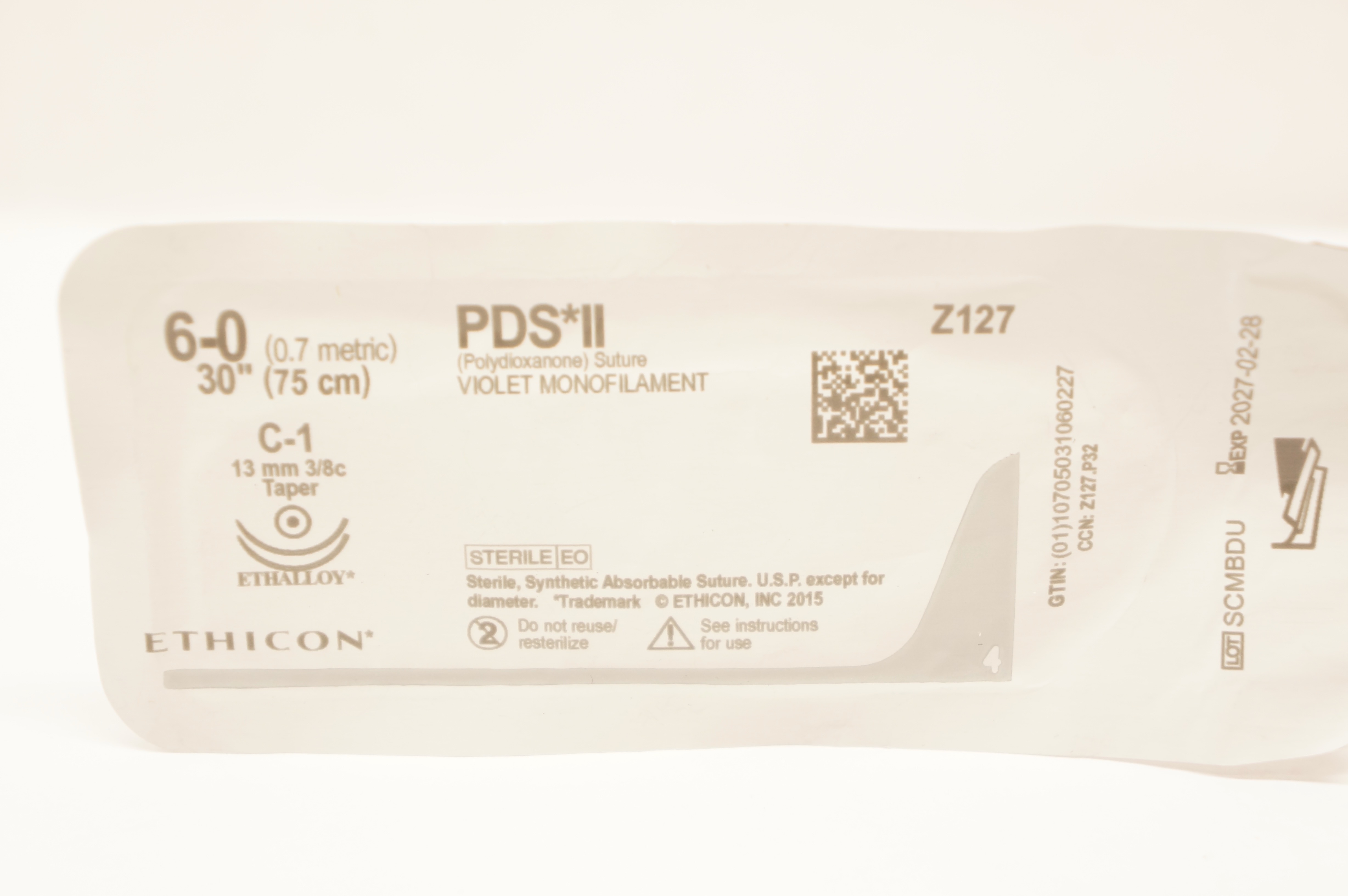 Ethicon Z127 6-0 PDS II Polydioxanone Stre C-1 13mm 3/8c Taper, 30inch