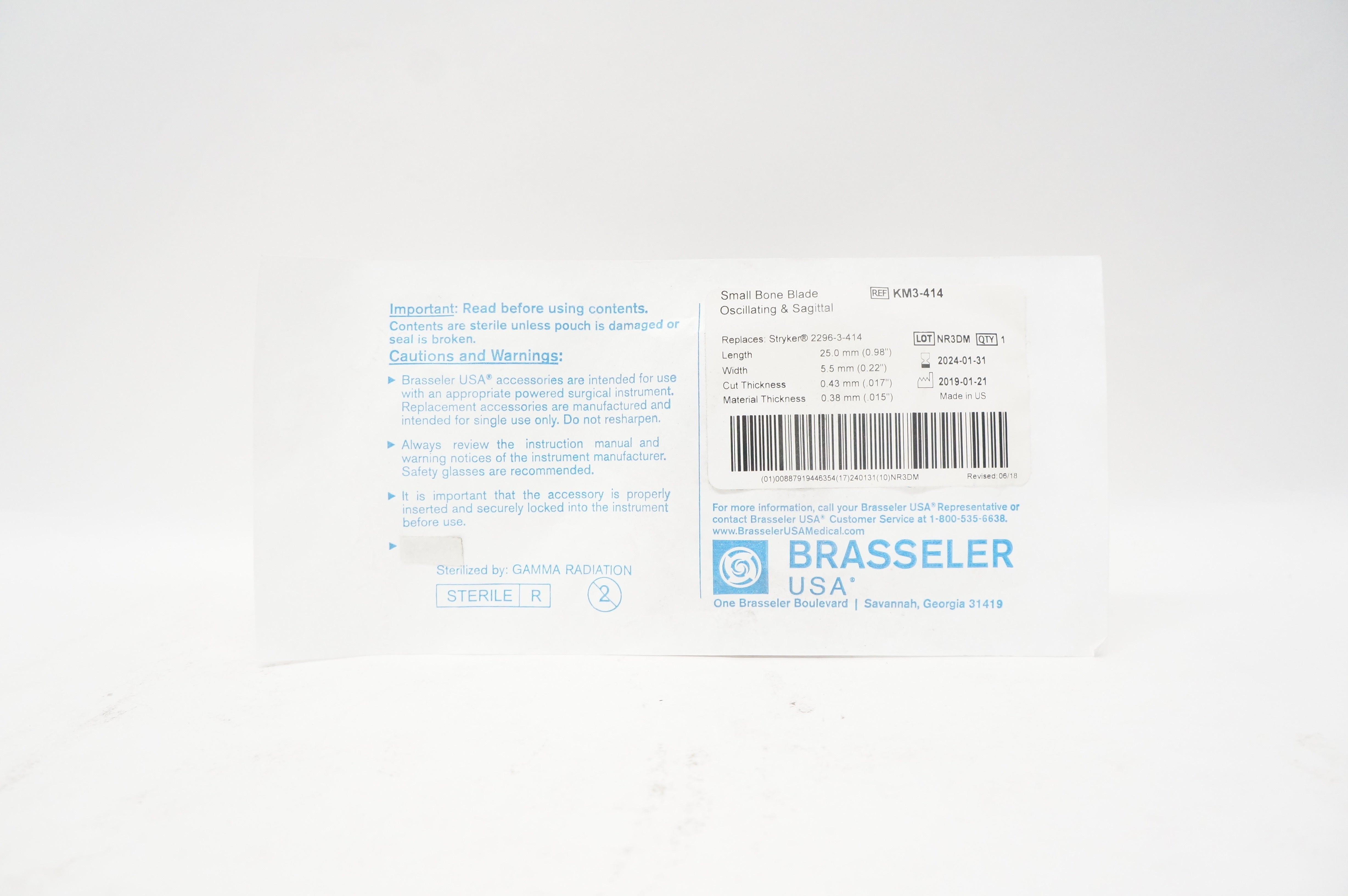 Brasseler KM3-414 Small Bone Blade Oscillating & Sagittal 0.98inch