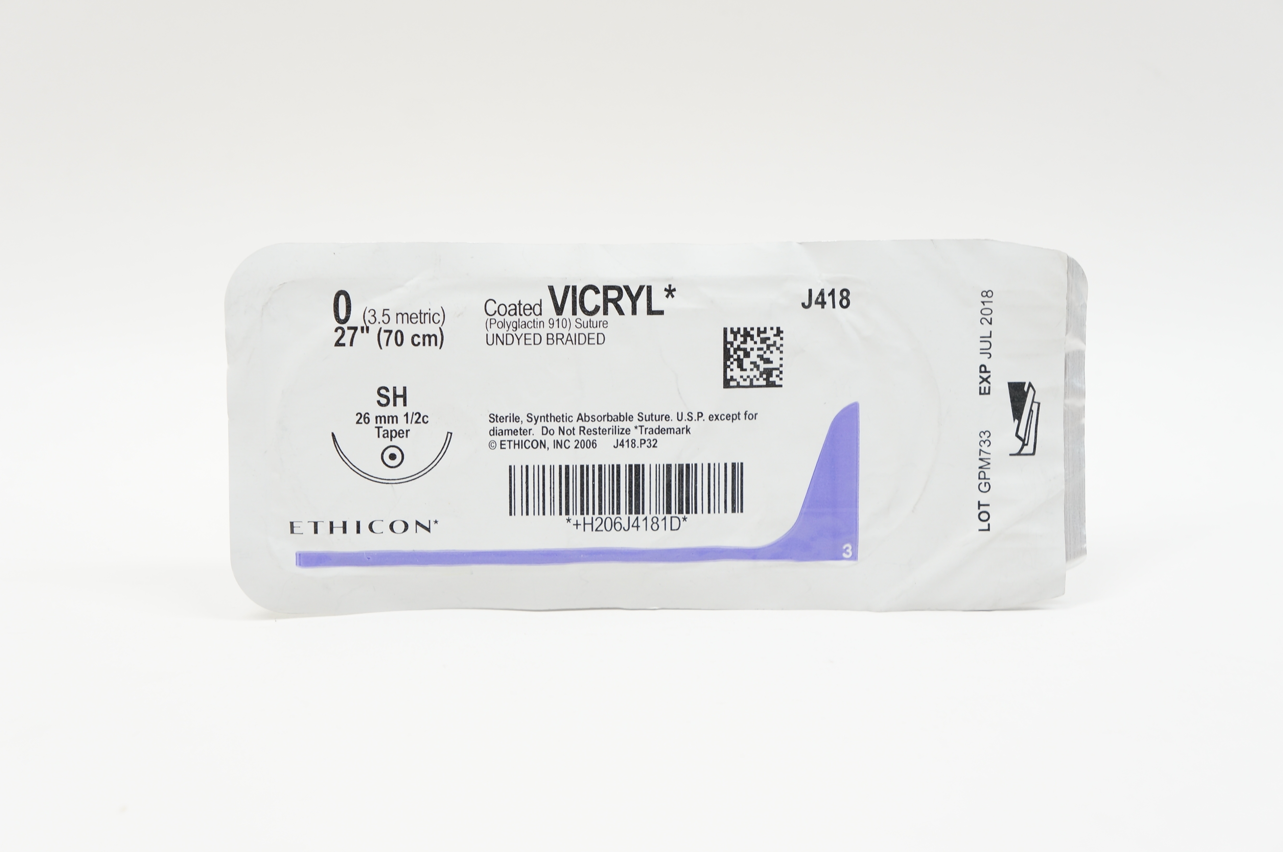 Ethicon J418 0 VICRYL, SH, 26mm 1/2c Taper, 27inch (x)