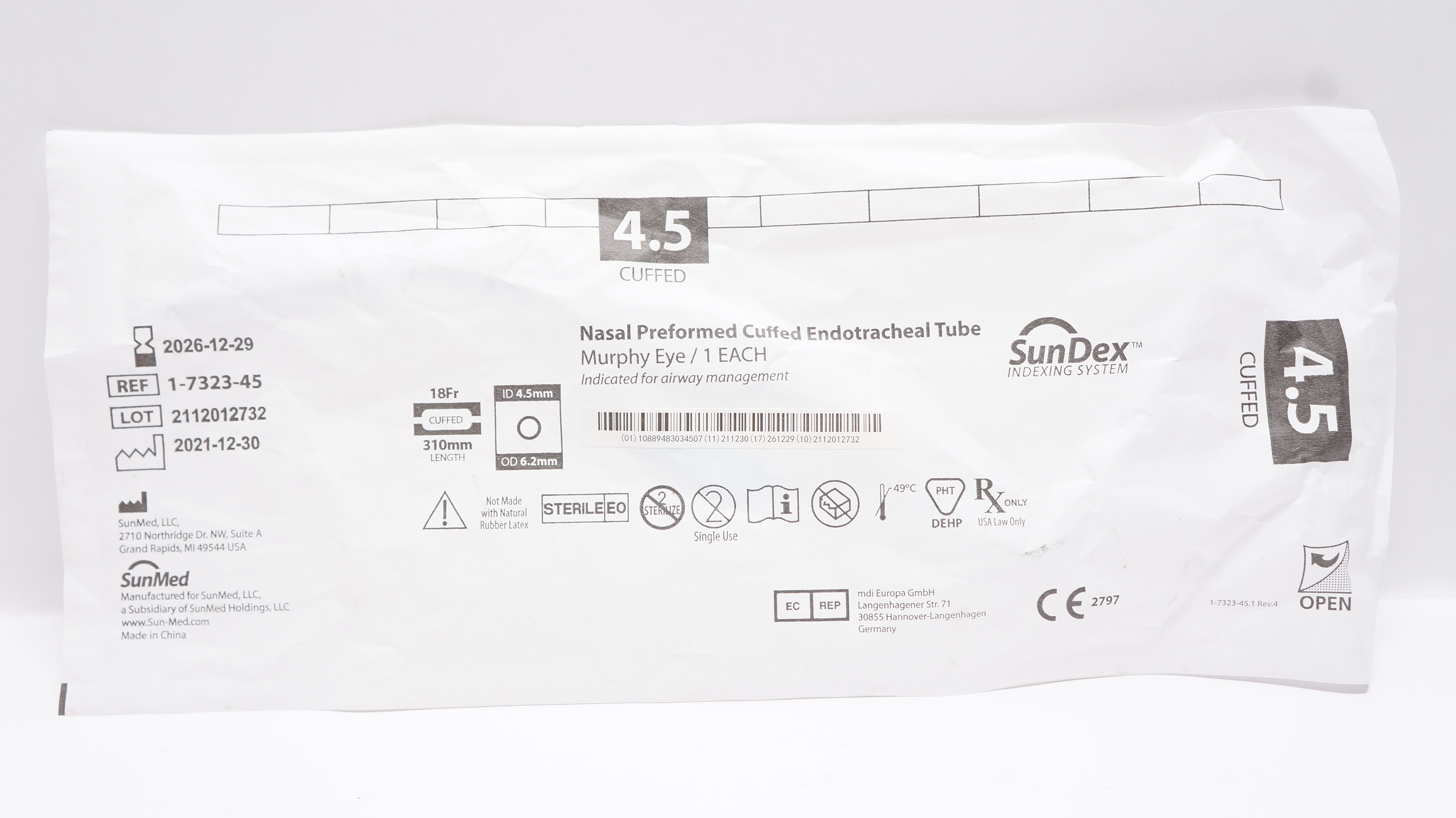 SunMed 1-7323-45 Nasal Preformed Cuffed Endotracheal Tube 4.5mmID x 6.2mmOD