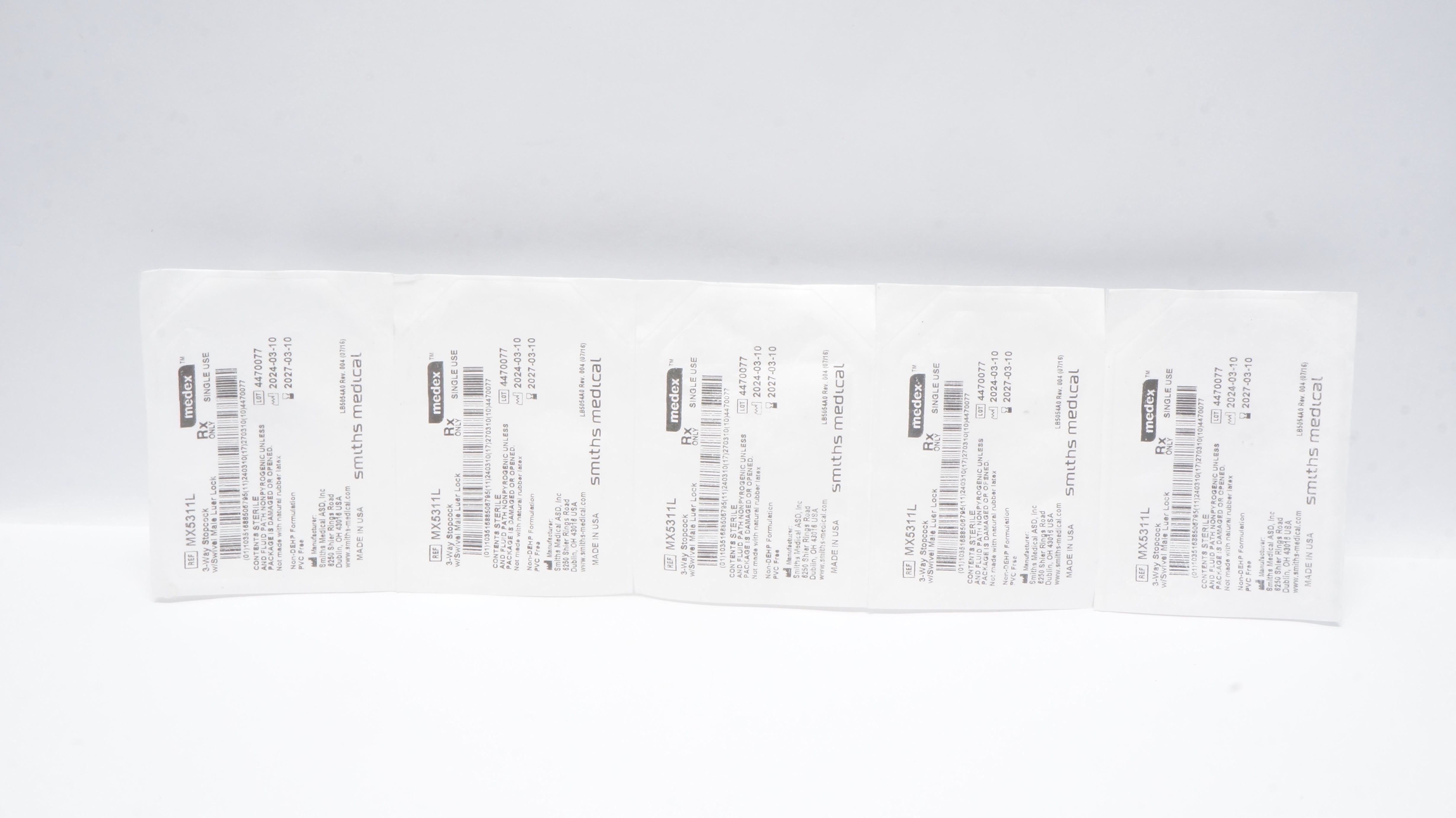 Smiths Medical MX5311L Medex 3-Way Stopcock w/Swivel Male Luer Lock - Lot of 5