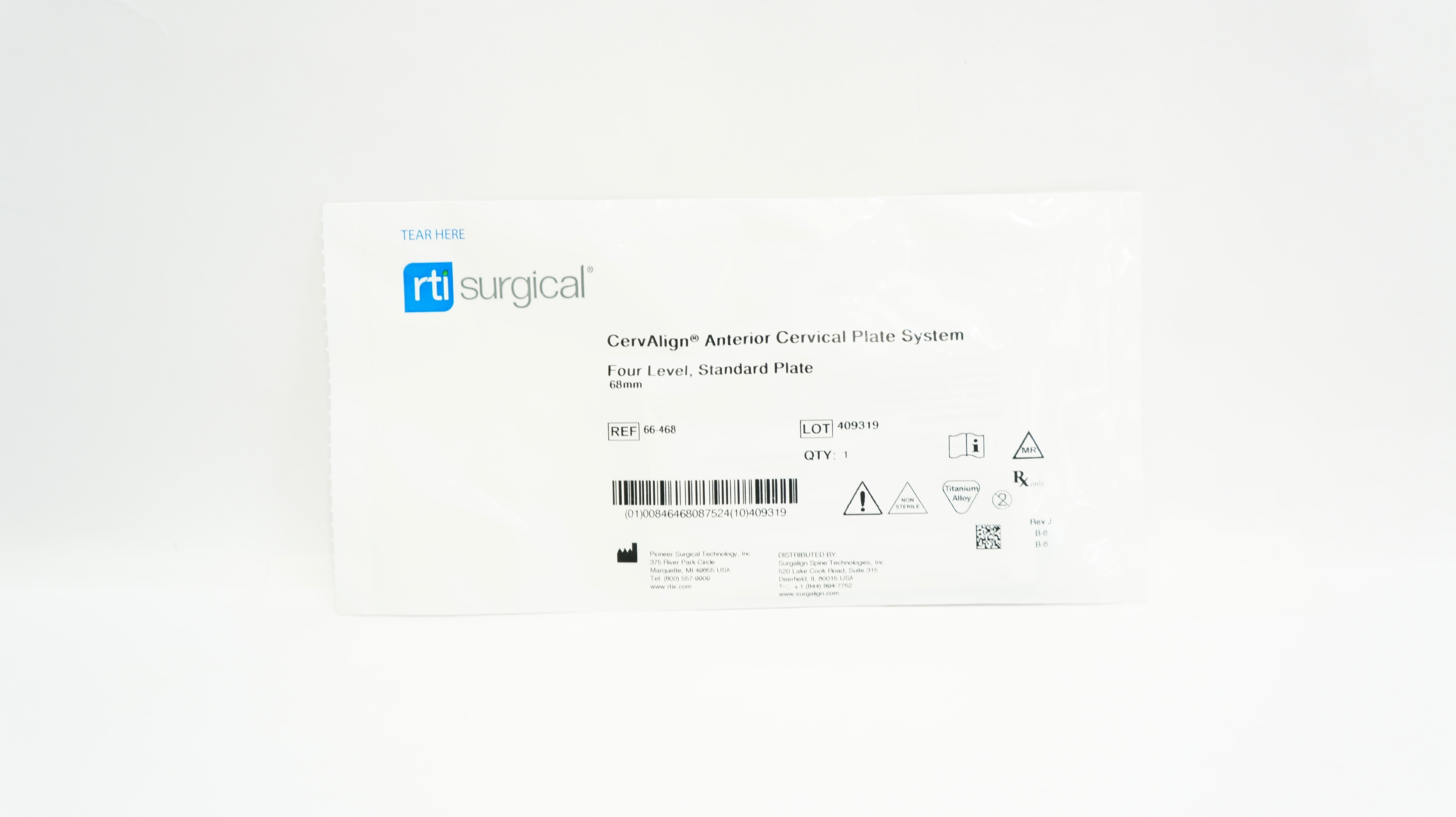 Pioneer 66-468 Rit Surgical CervAlign Anterior Cervical Plate System 68mm
