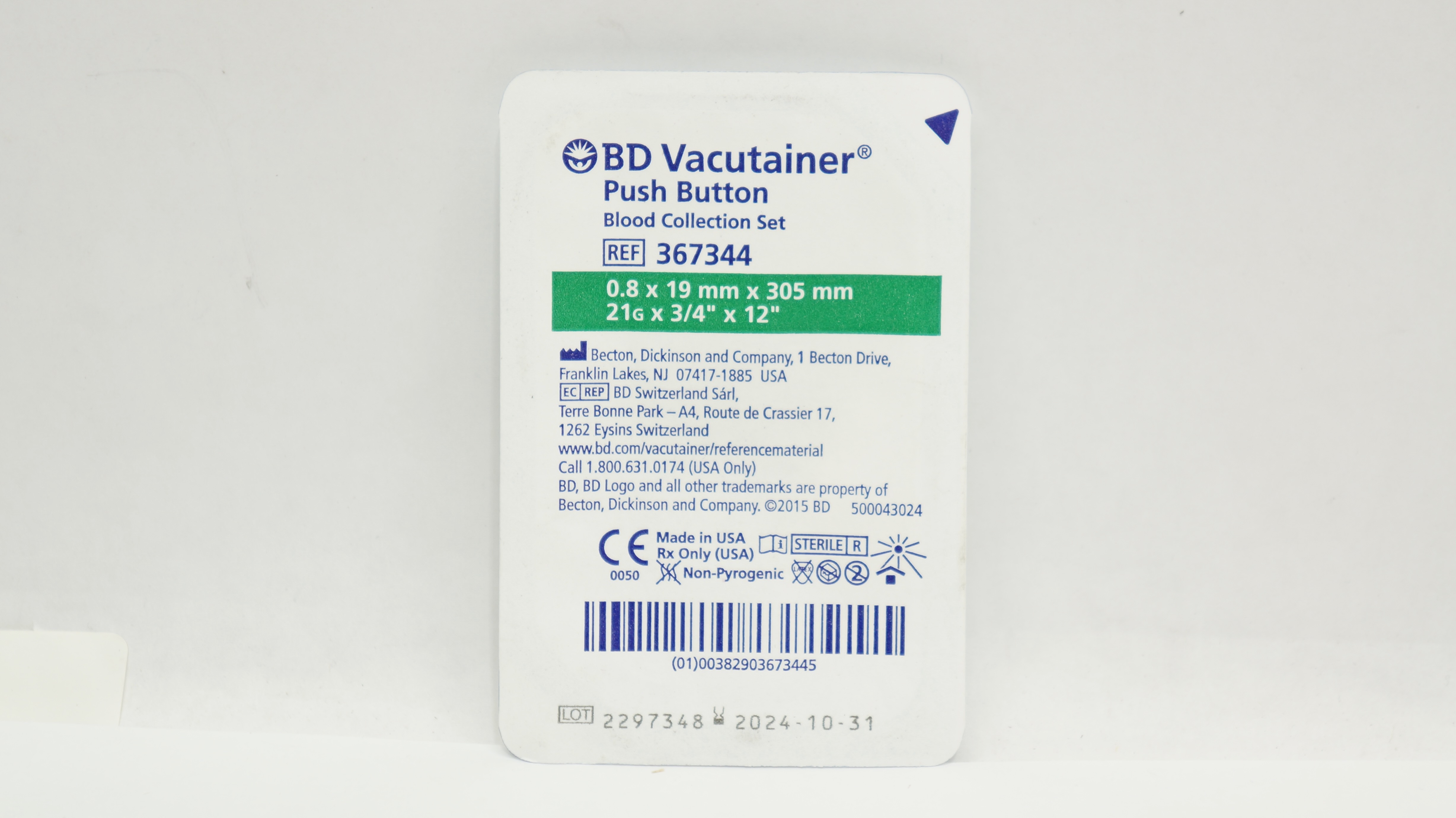 BD 367344 Vacutainer Push Button Blood Collection Set 21G x 3/4inch x 12inch