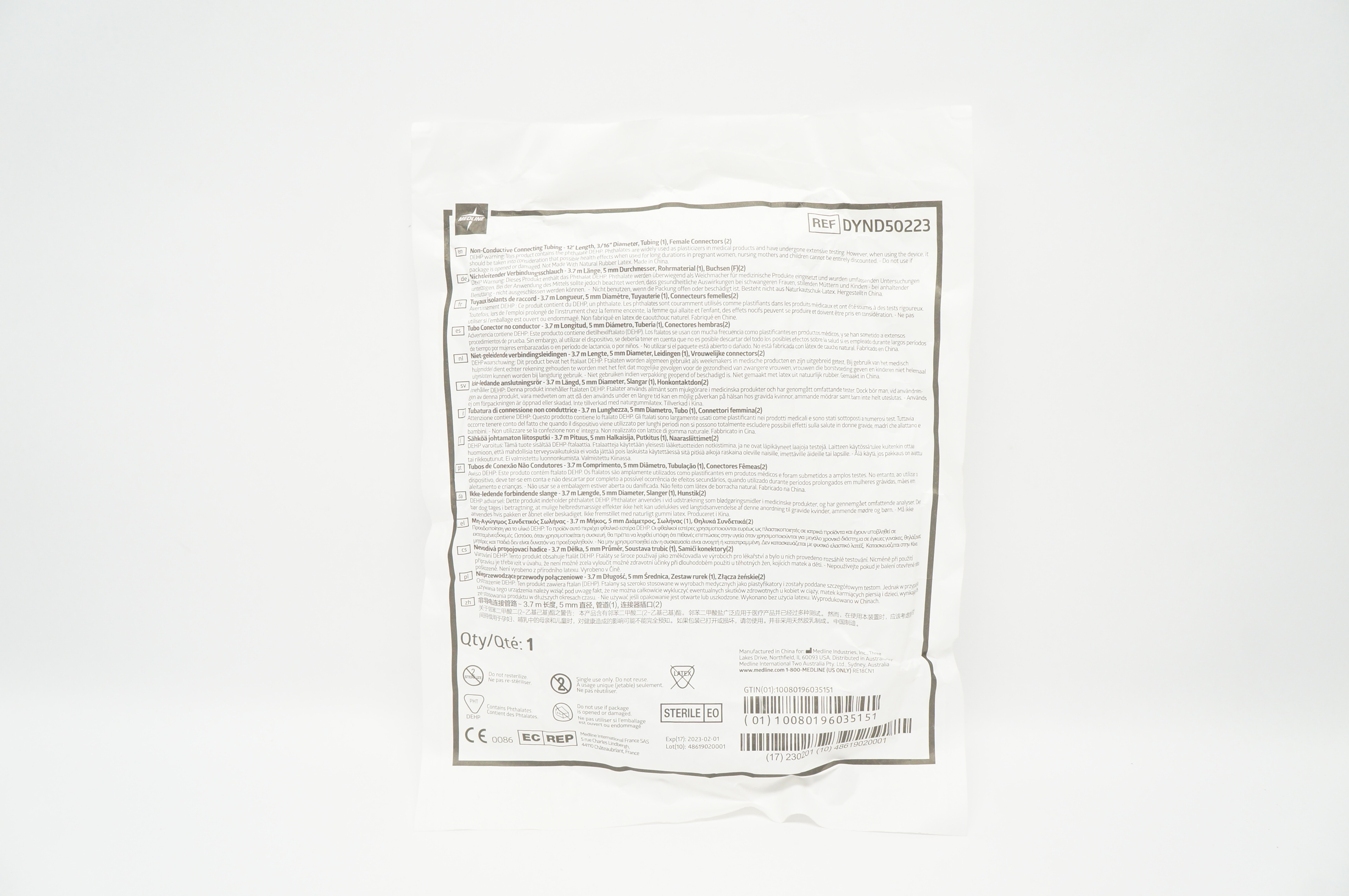 Medline DYND50223 Non-Conductive Connecting Tubing 3/16inch x 6inch x 12 inch