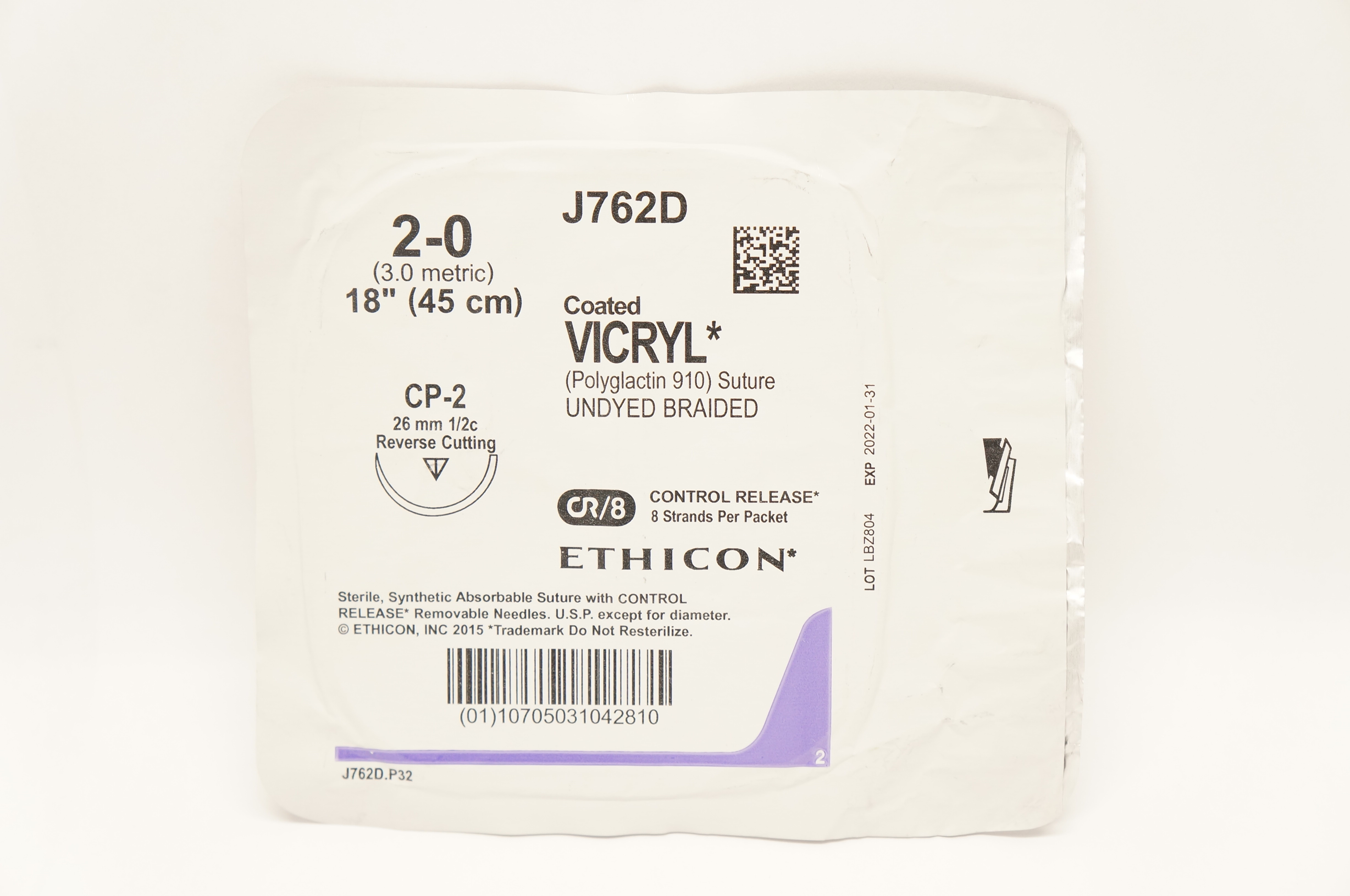 Ethicon J762D 2-0 Coated VICRYL Stre CP-2 26mm 1/2c Reverse Cutting, 18inch